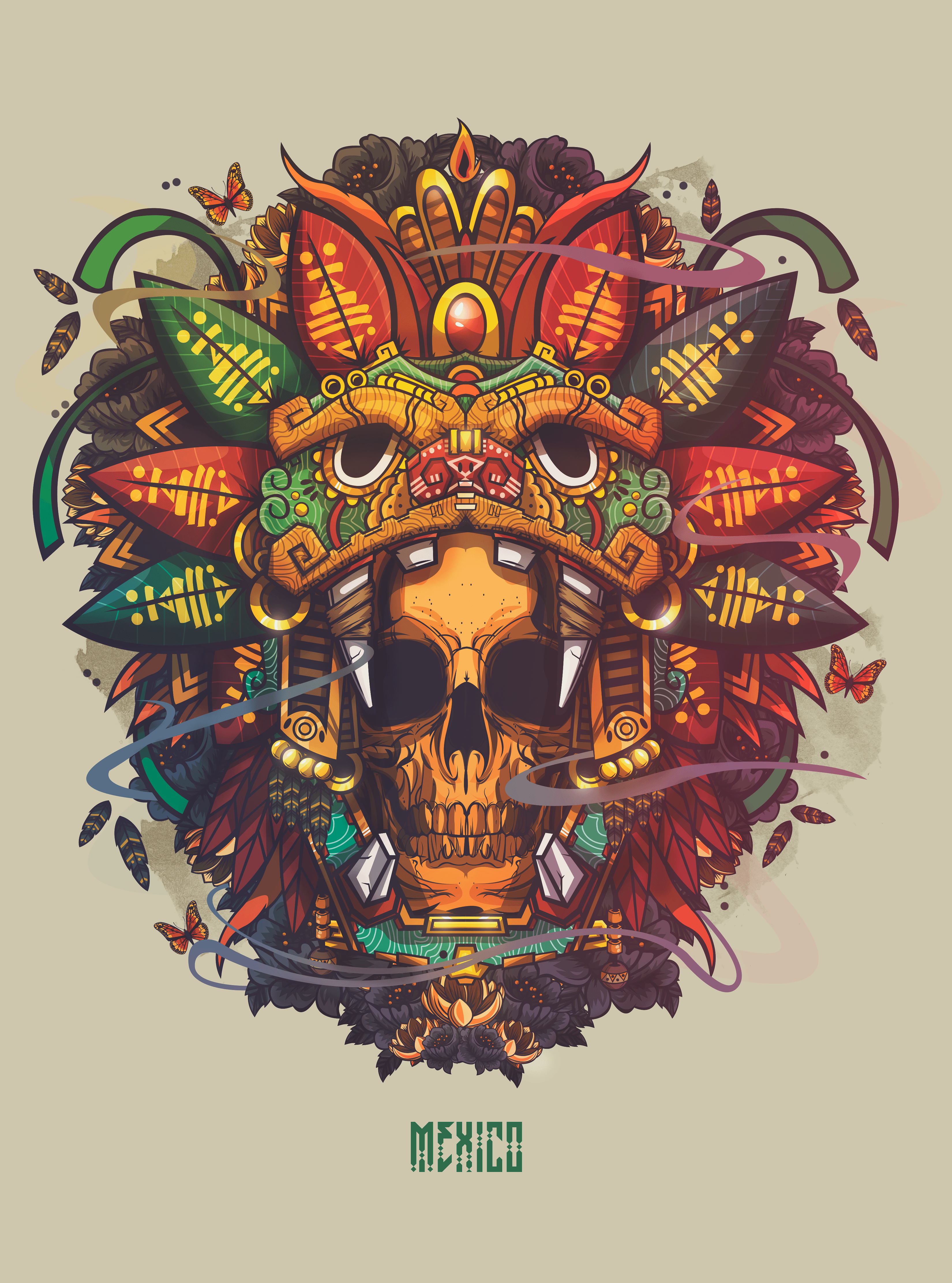 Teschio azteco colorato con copricapo, 3300x4449 Verticale, Telefono