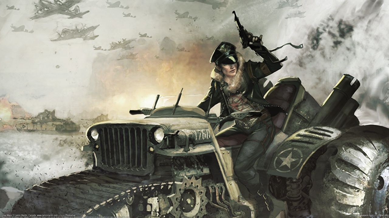 Soldato su jeep militare, dipinto, 1280x720 HD, Desktop