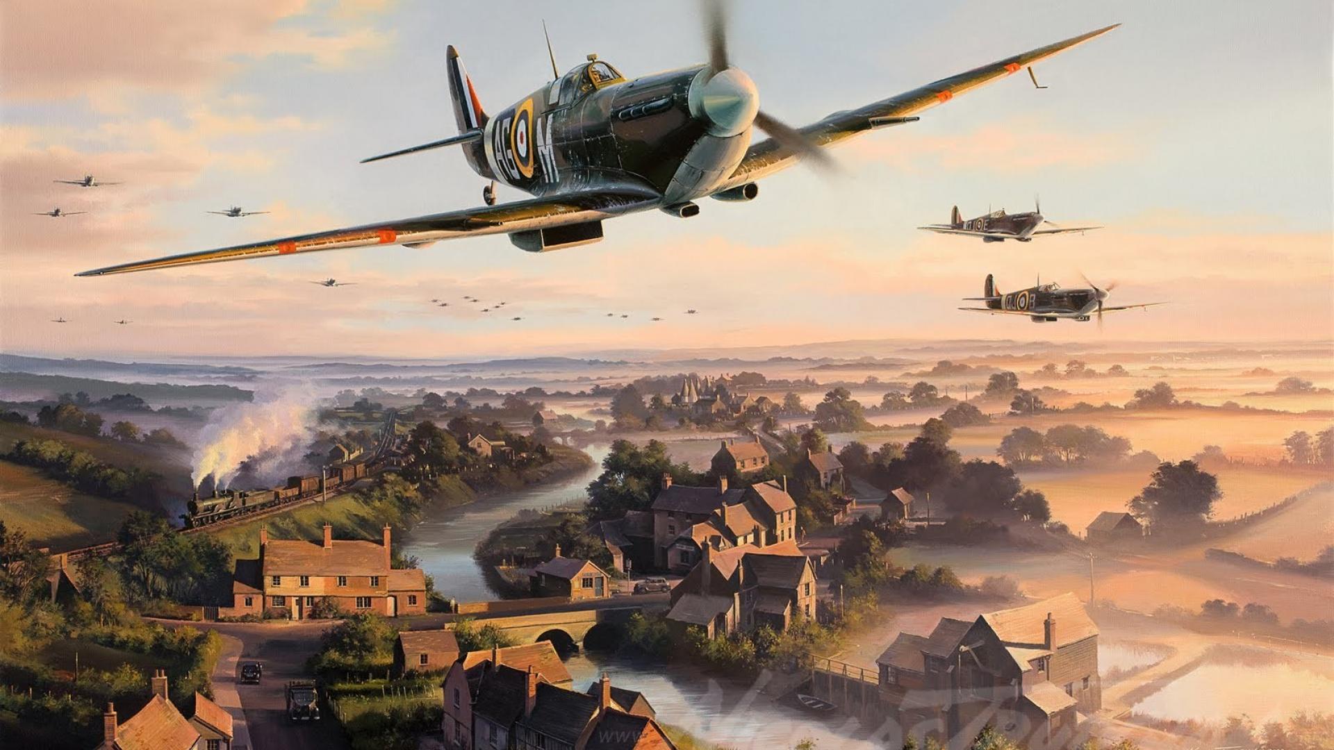Aerei Spitfire su villaggio, ruote skateboard, 1920x1080 Full HD 1080p, Desktop