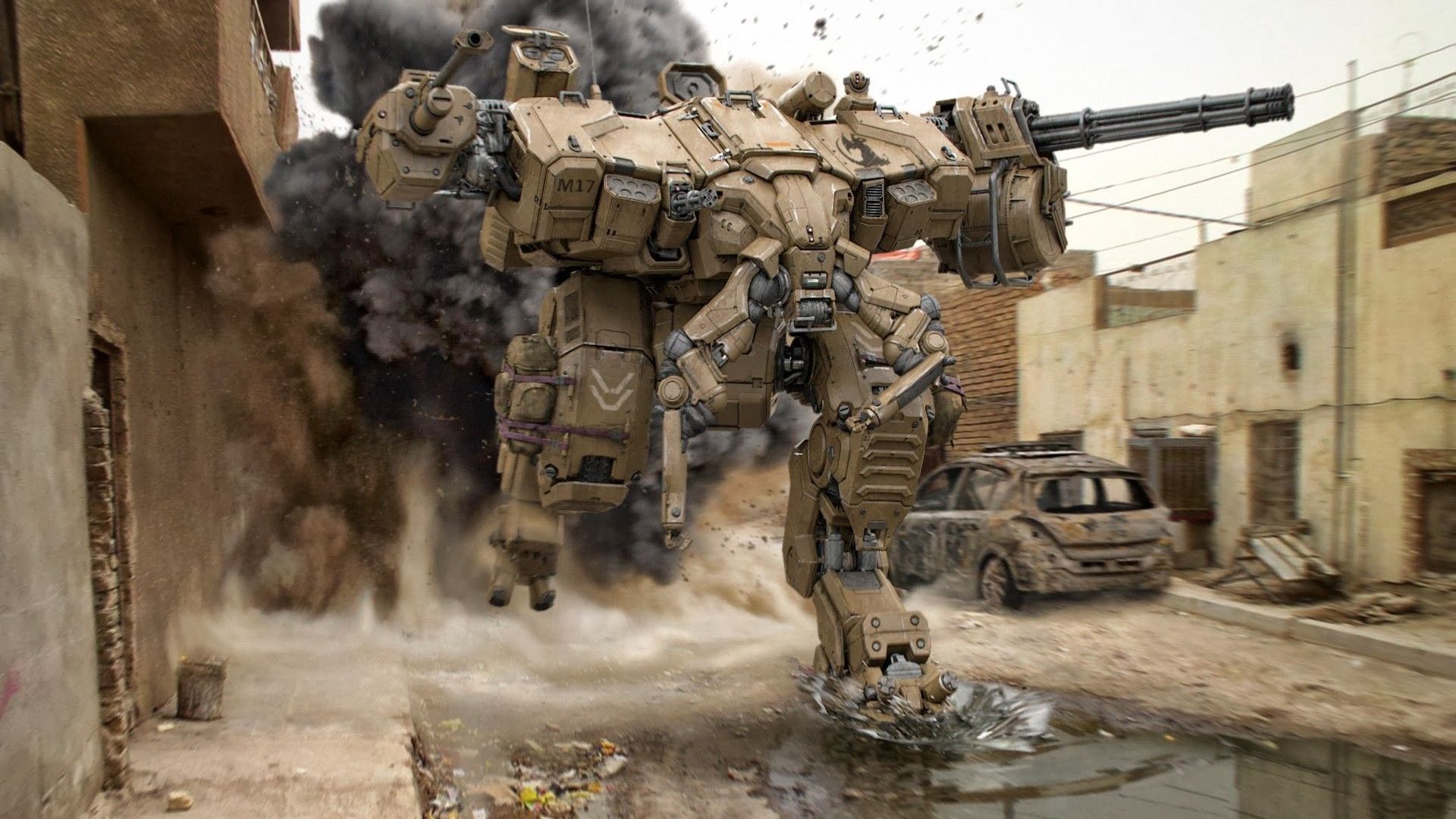 Mech militare in città distrutta, 1920x1080 Full HD 1080p, PC