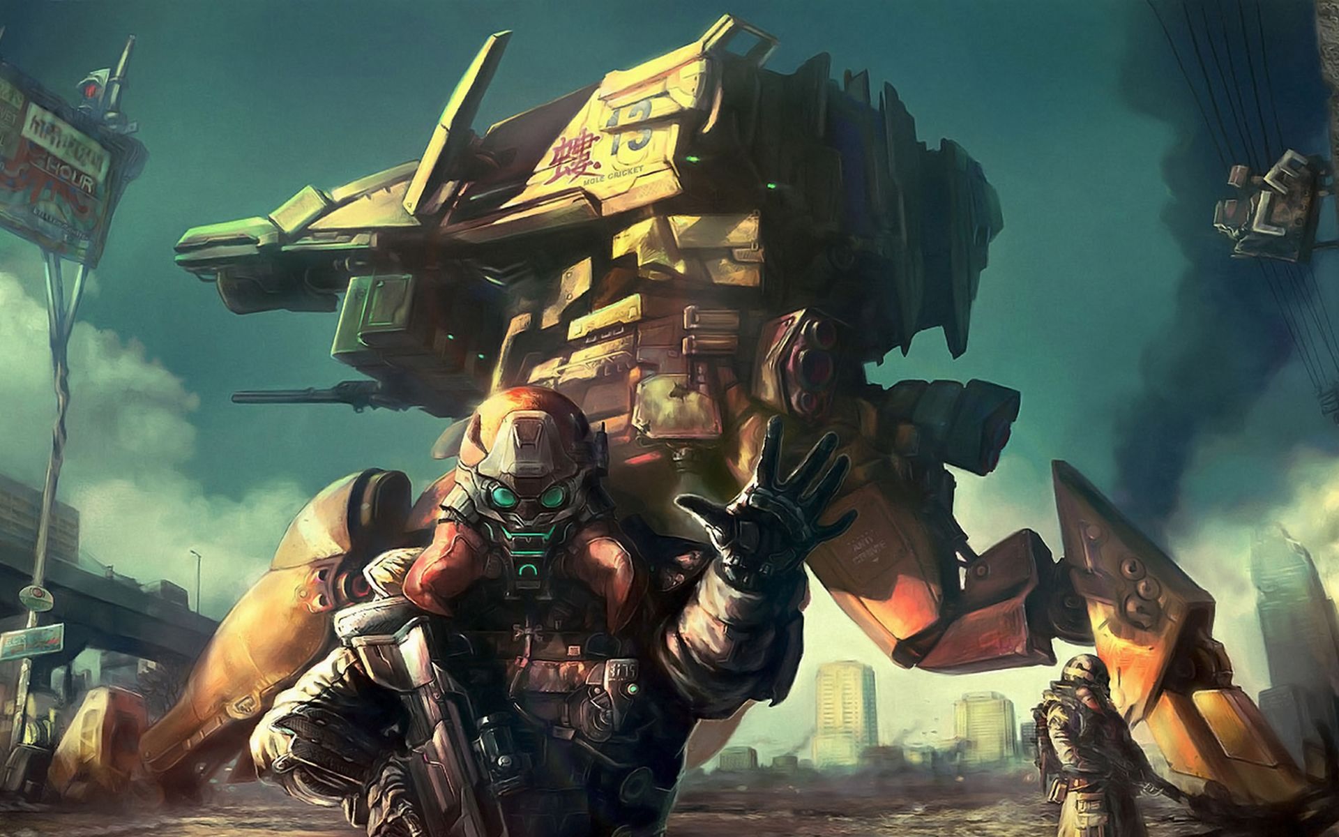 Soldato futuristico con mech militare, 1920x1200 Full HD+, Desktop