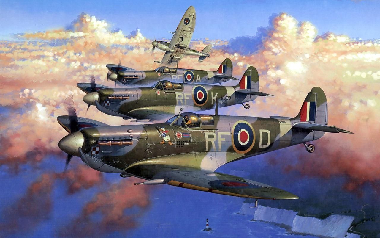 Aerei Spitfire RAF in volo, ruote skateboard, 1280x800 HD, Desktop