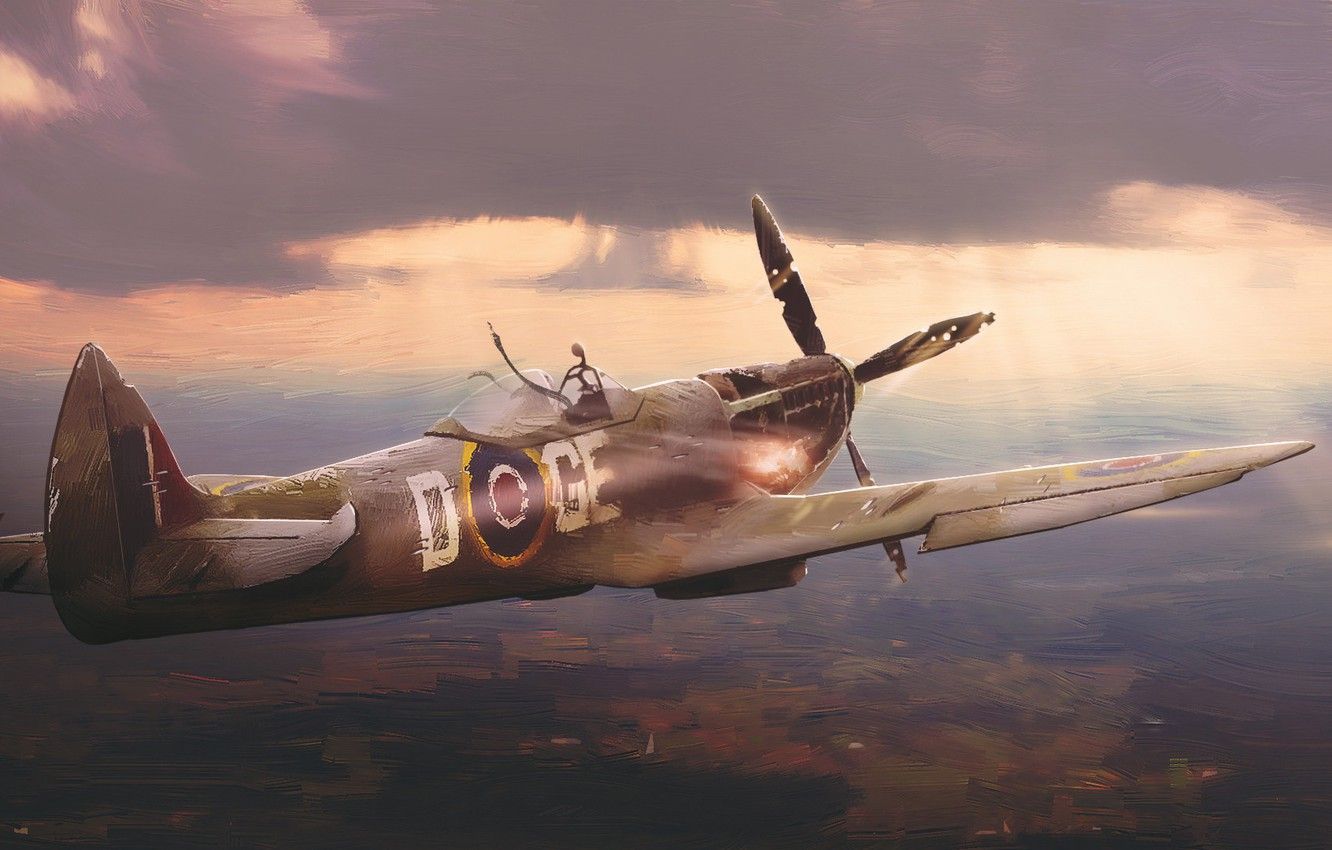 Aereo Spitfire in volo, arte, 1332x850 720p, PC