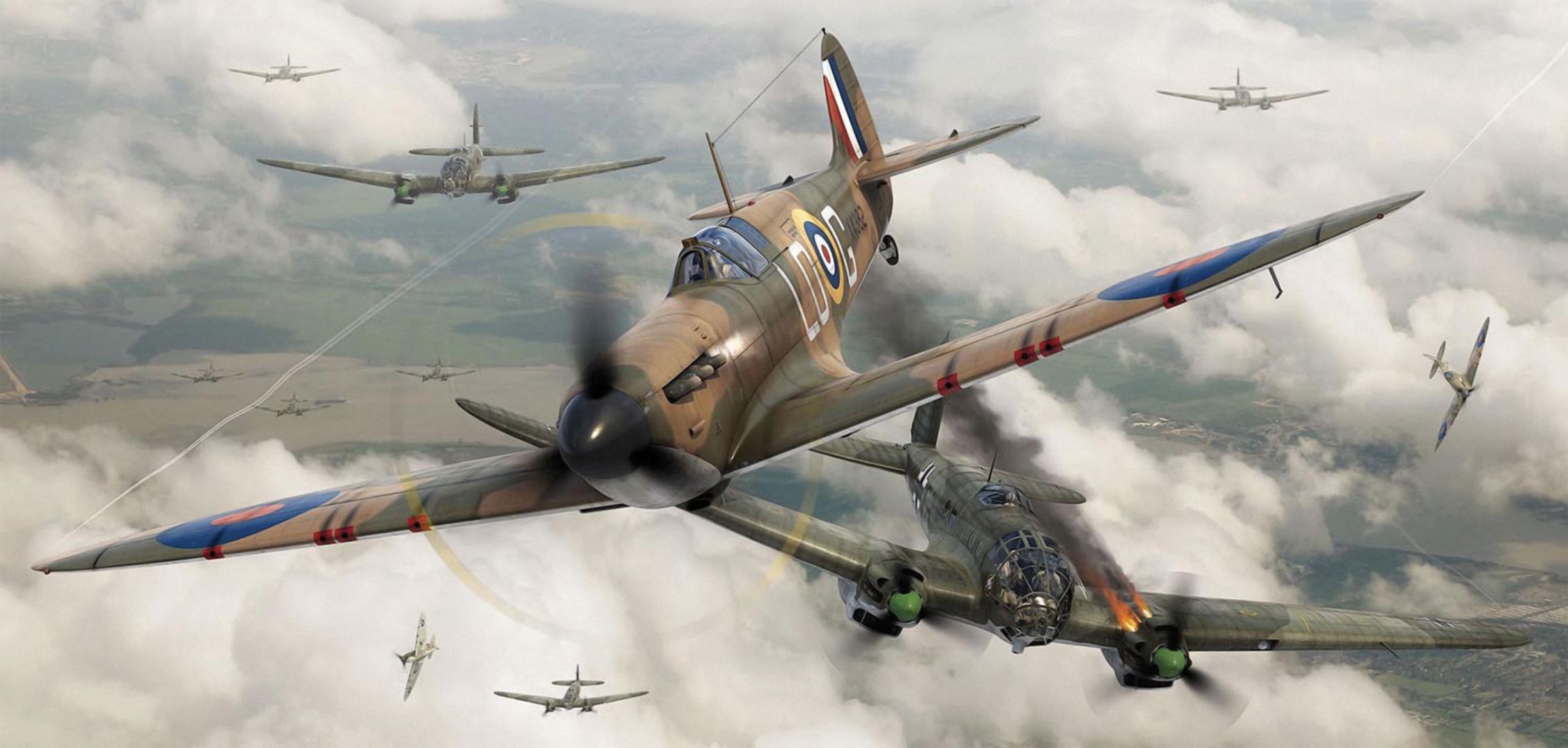 Aerei Spitfire in volo, ruote skateboard, 2263x1080 2K, PC