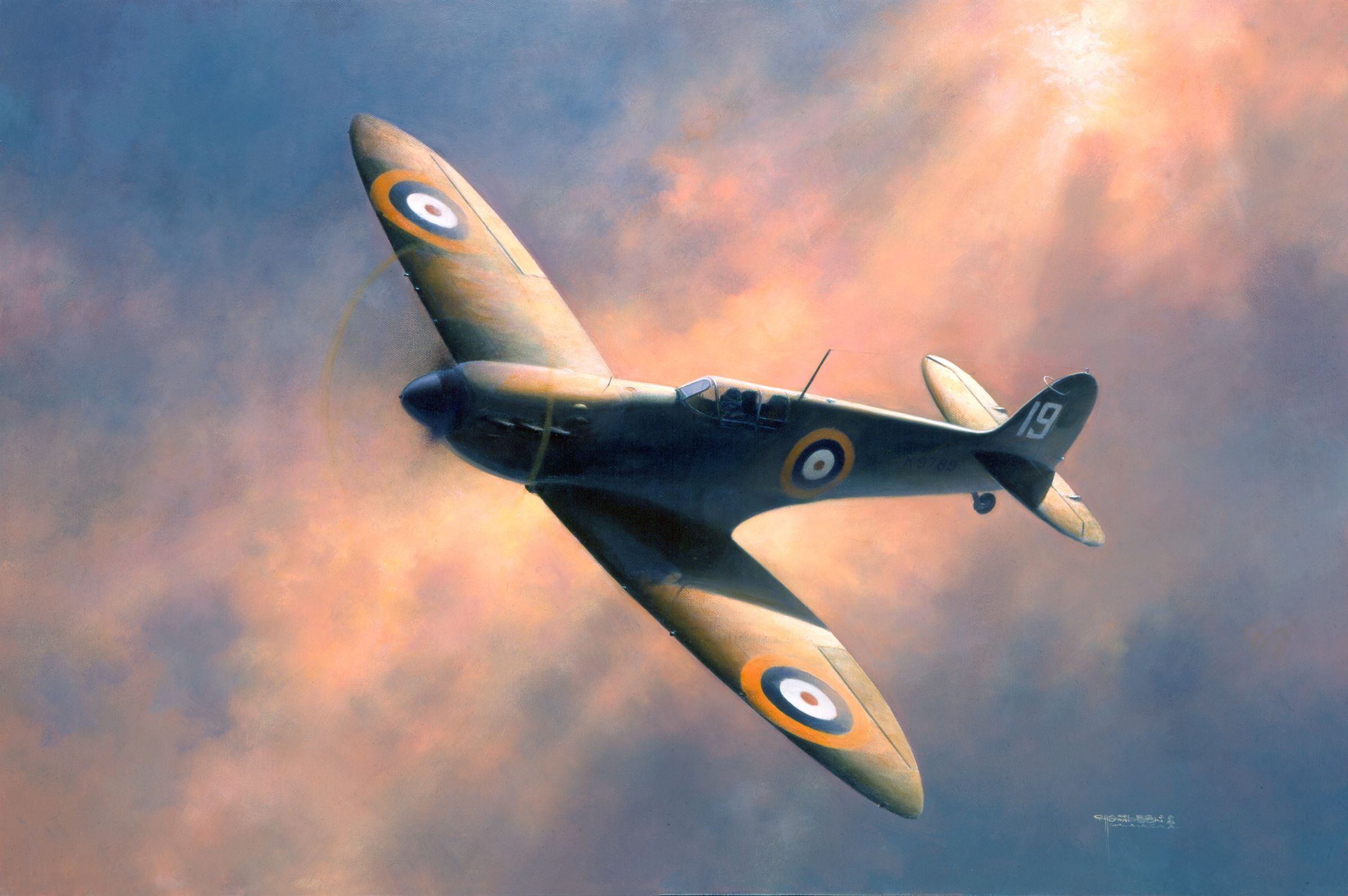 Aereo Spitfire dipinto, cielo nuvoloso, 2400x1596 2K, Laptop