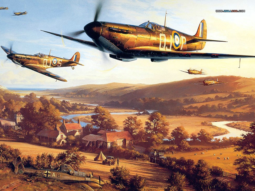 Aerei Spitfire in volo, campagna, 1024x768 HD, iMac