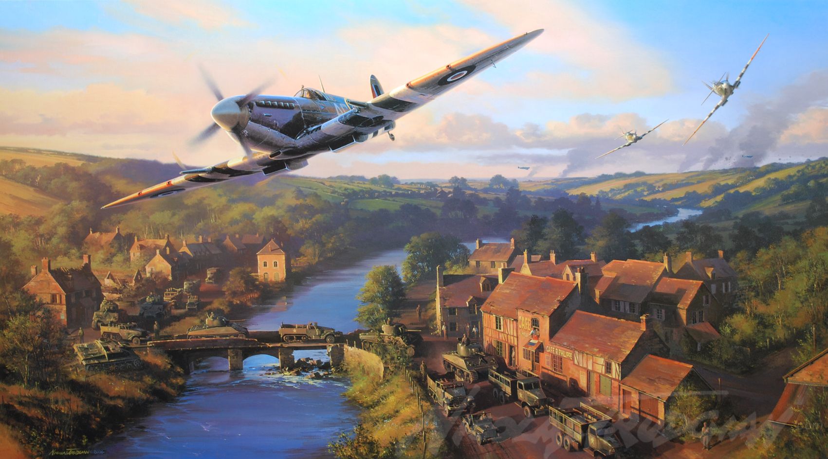 Spitfire aereo sorvola villaggio fiume, 1701x944 HD, Desktop