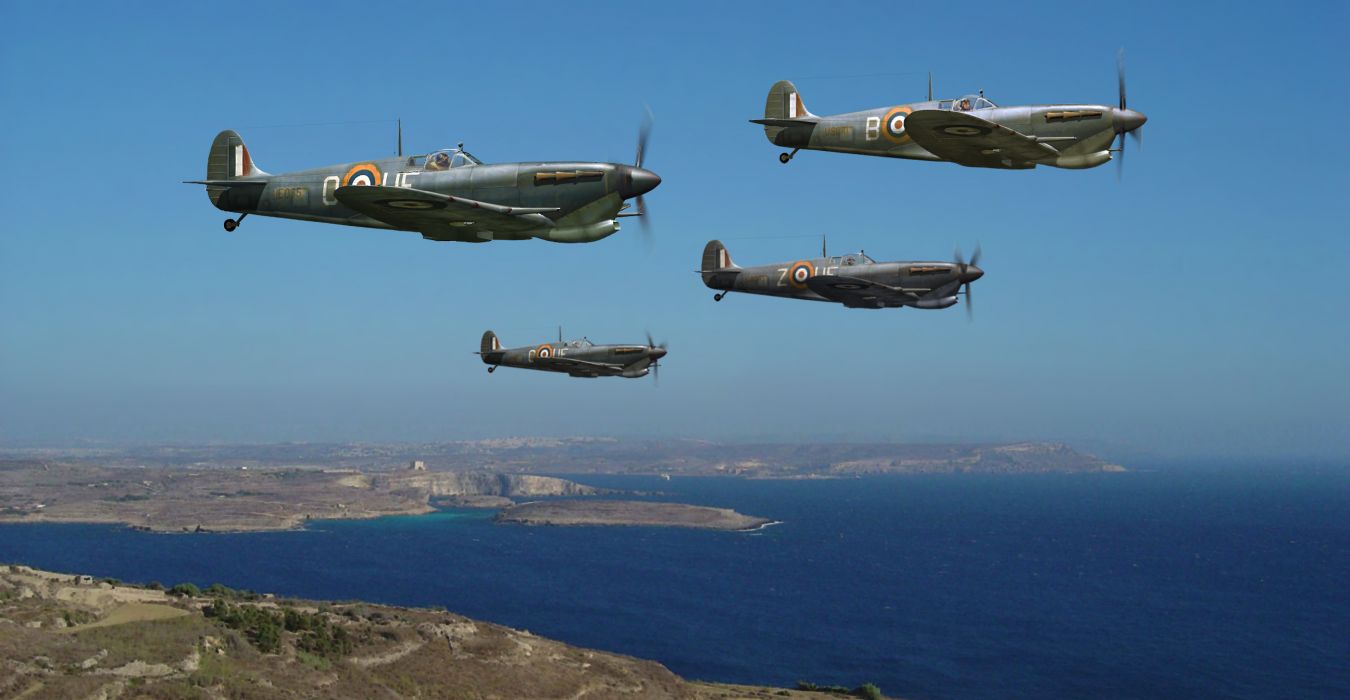 Aerei Spitfire in volo sul mare, 1350x700 720p, Laptop