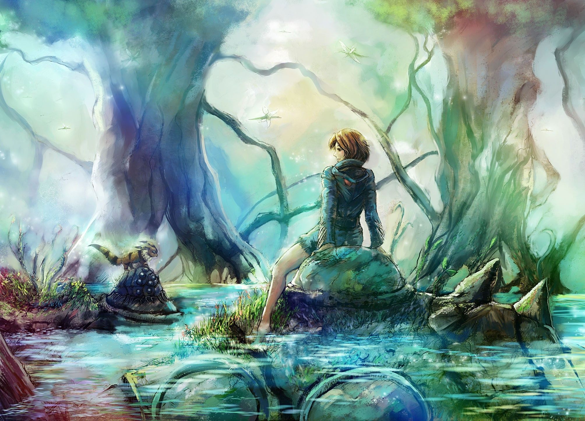 Ragazzo seduto foresta acquatica, 2008x1446 2K, Monitor Gaming