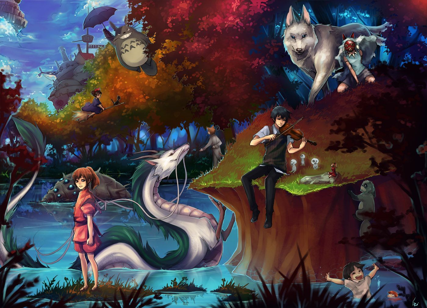 Collage personaggi Studio Ghibli foresta, 1400x1010 HD, Desktop