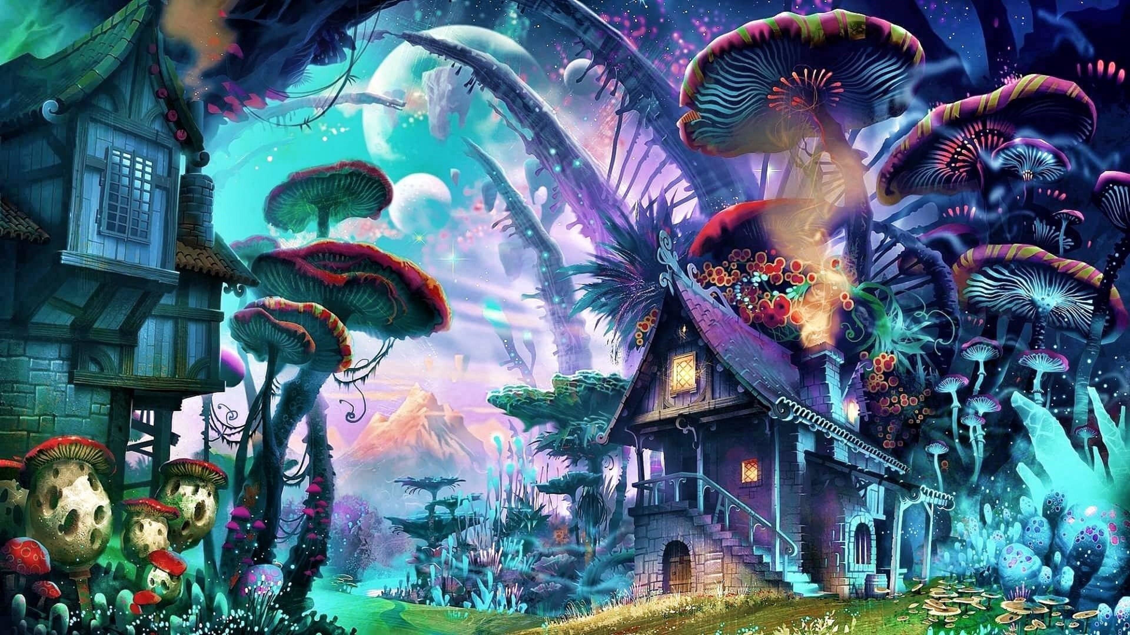 Paesaggio fantasy psichedelico con funghi, 3840x2160 Ultra HD, 4K TV