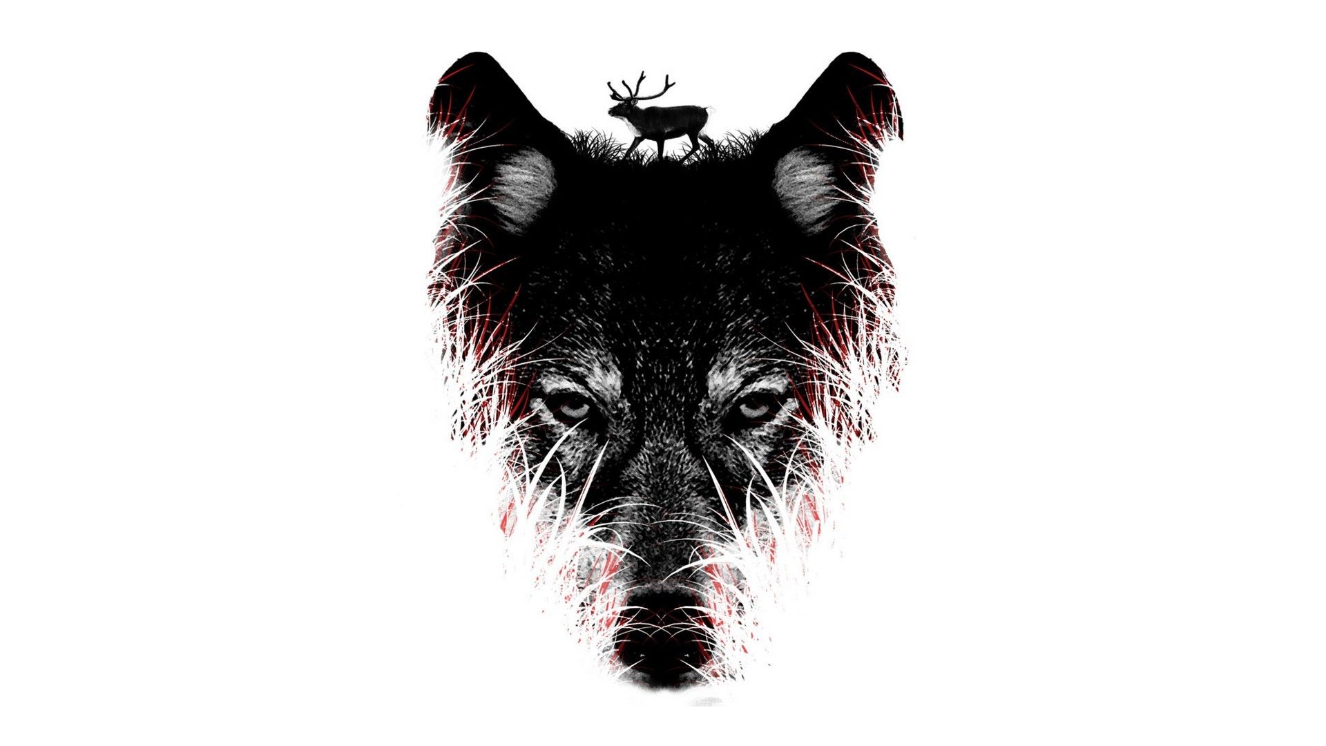 Lupo artistico con cervo silhouette, 1920x1080 Full HD 1080p, Desktop