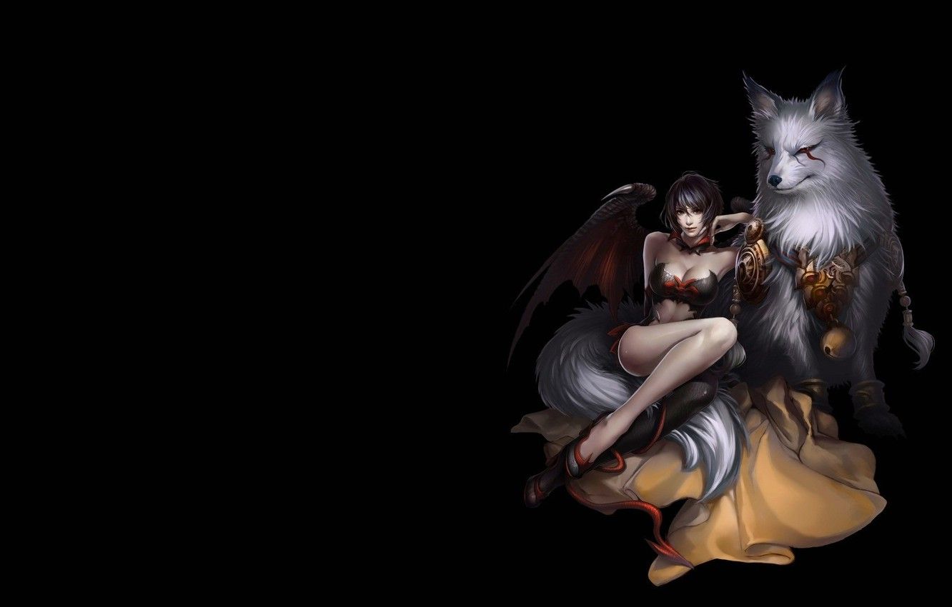 Ragazza alata con lupo, 1332x850 720p, PC