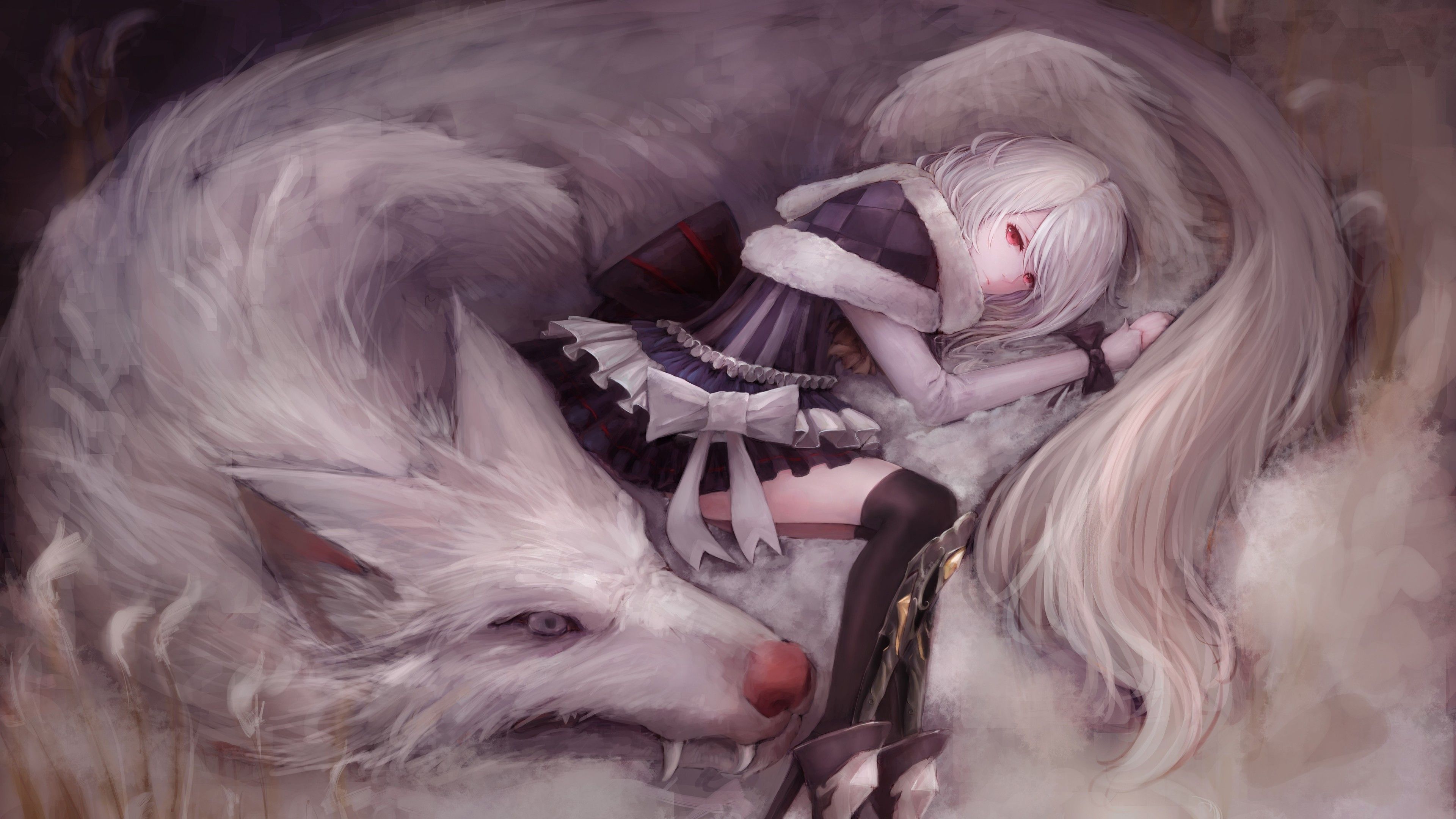 Ragazza addormentata con lupo bianco, 3840x2160 4K Ultra HD, Monitor 4K