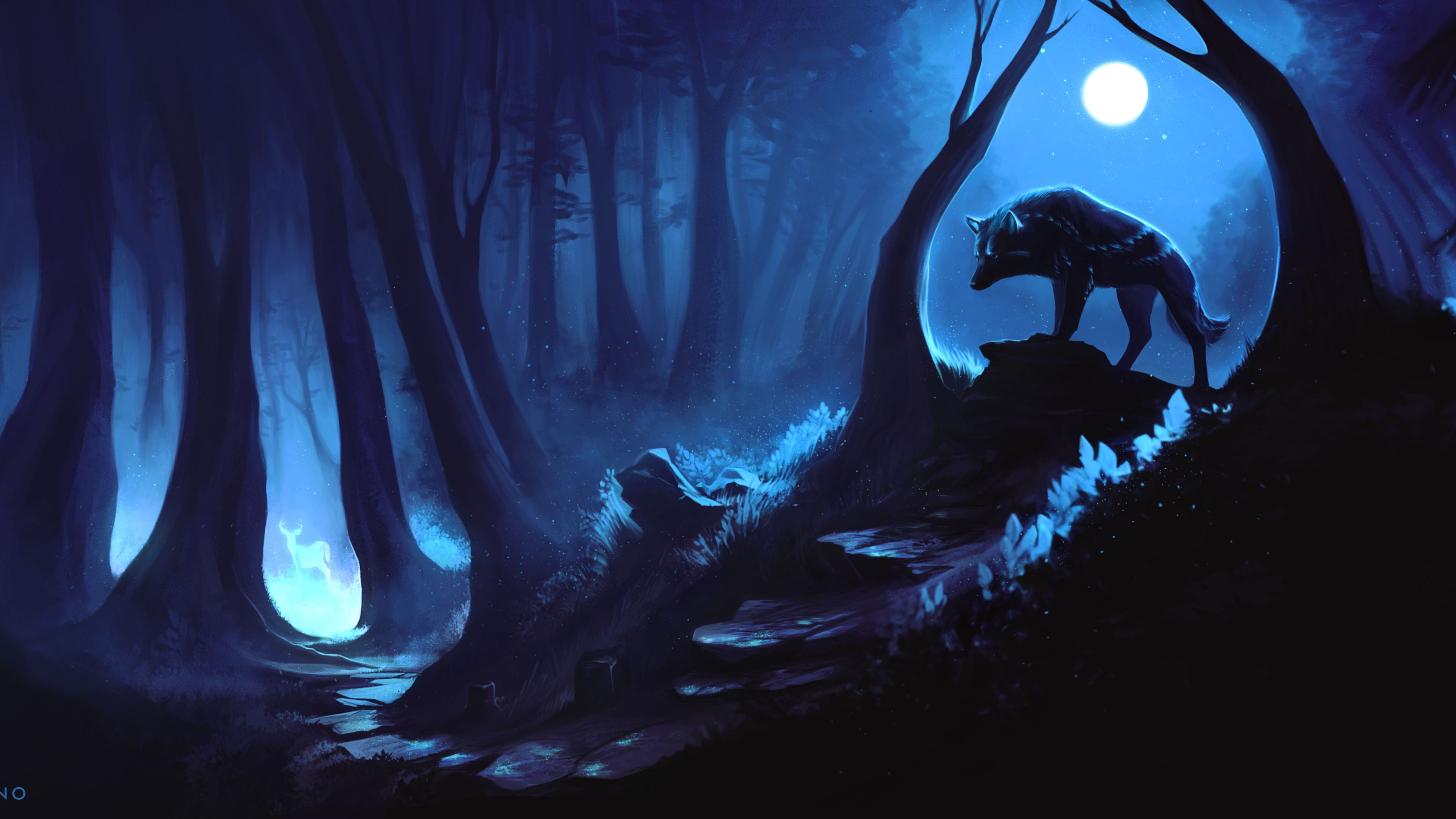 Lupo caccia nella foresta notturna, 3840x2160 4K, Monitor 4K