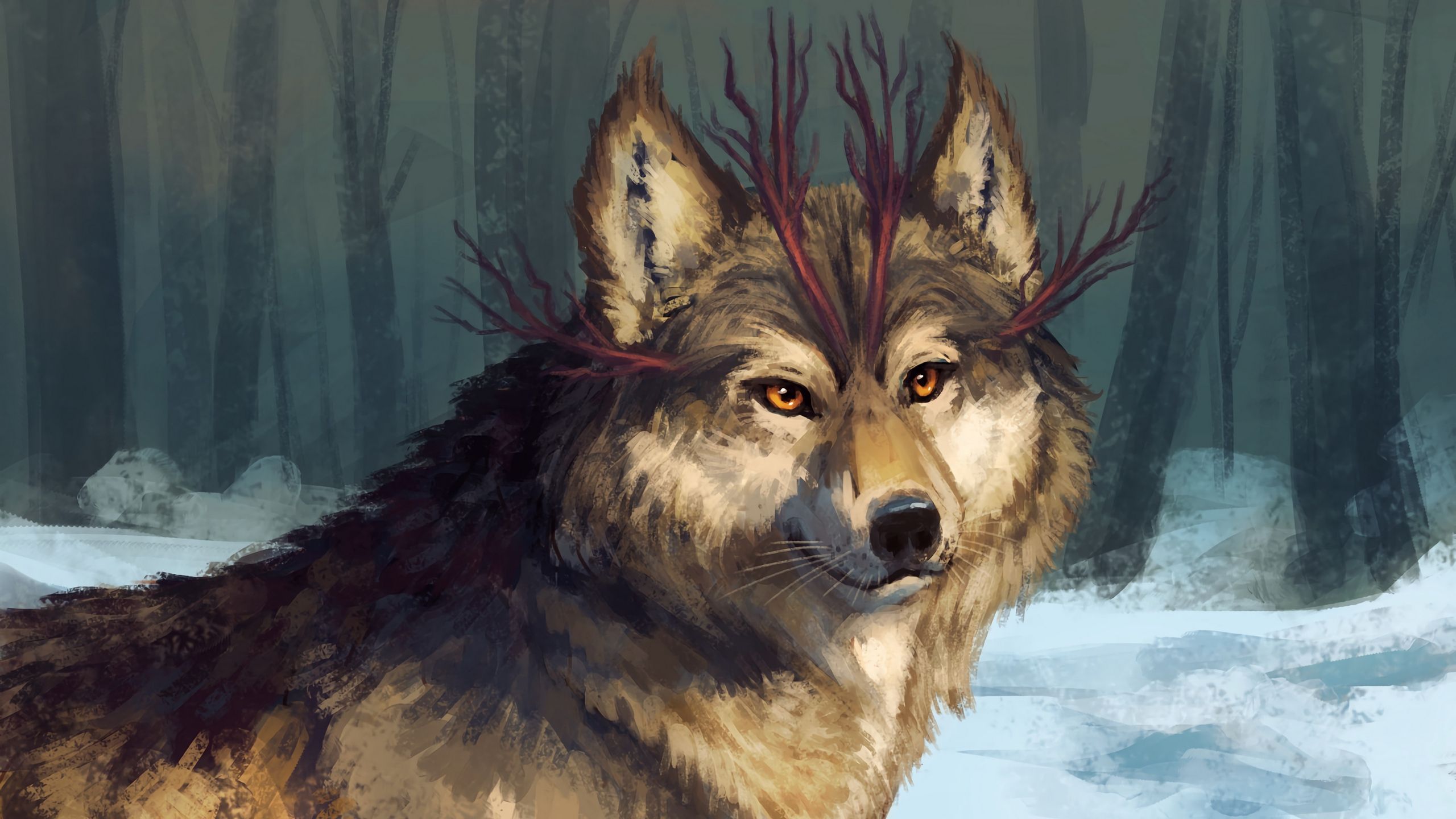 Lupo con corna rosse fantasy, 2560x1440 2K, Desktop