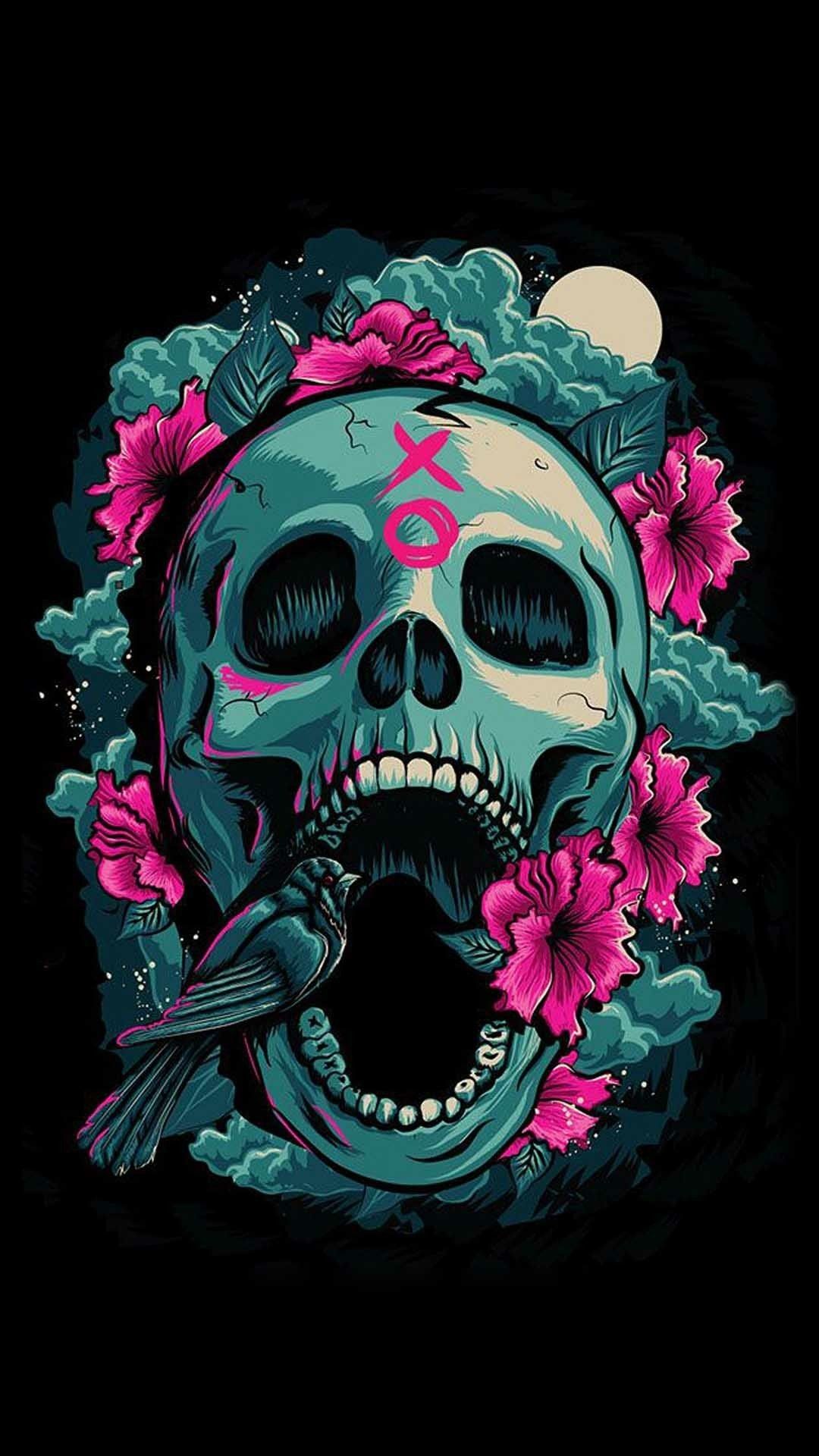 Teschio teal con fiori rosa, 1080x1920 Full HD Verticale, Smartphone
