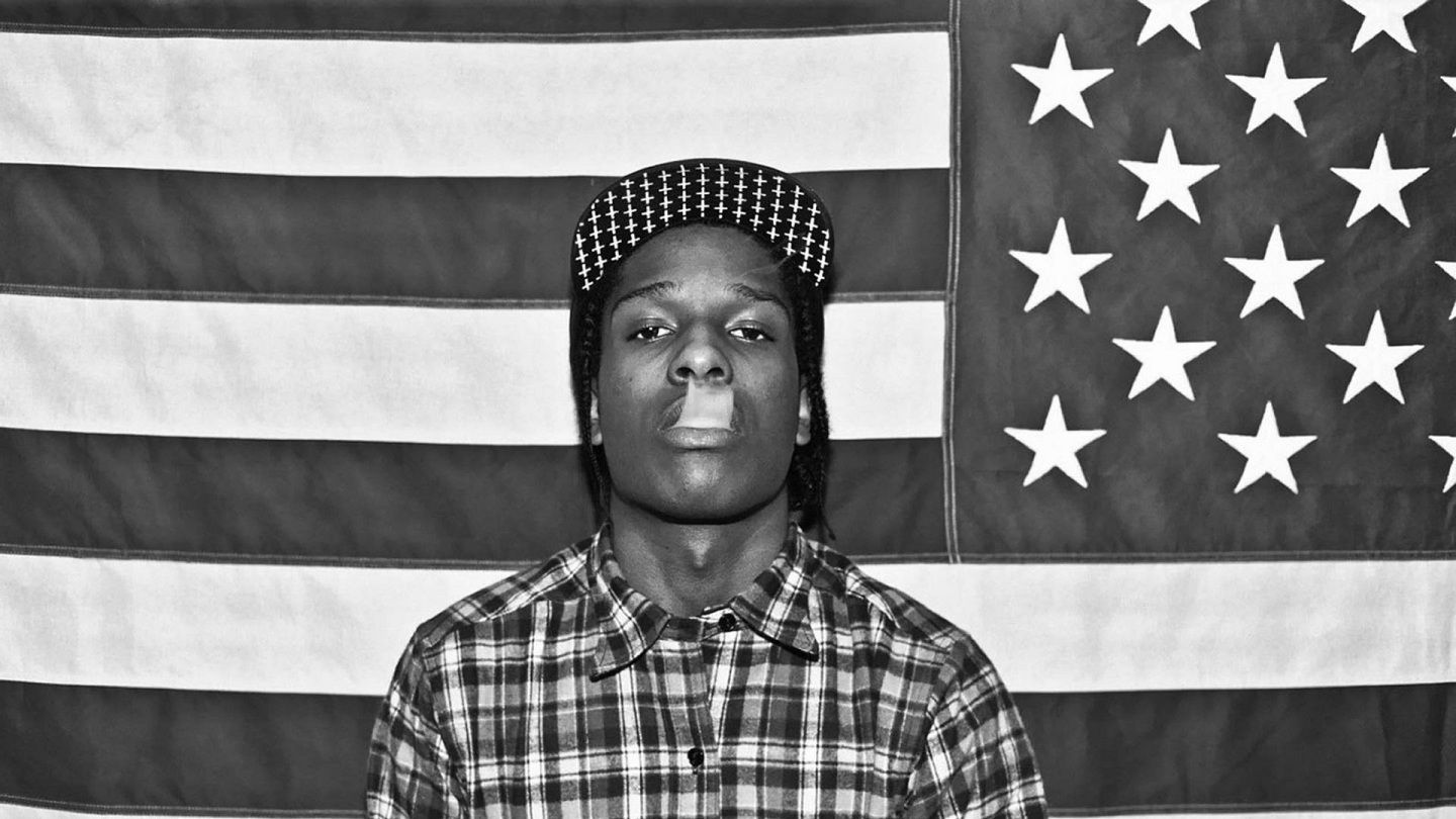 ASAP Rocky bandiera USA b/n, 1440x810 HD, Desktop