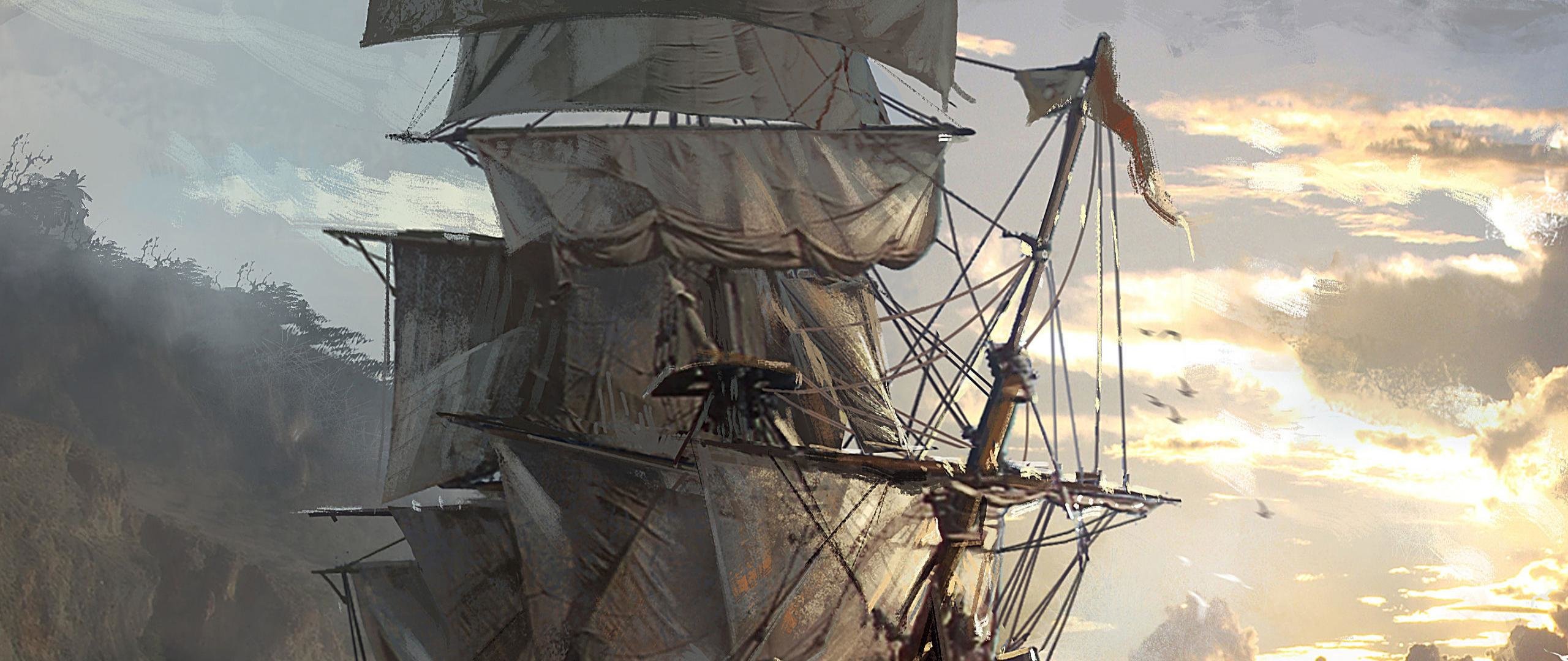 Nave pirata vele Black Flag, 2560x1080 Panoramico, Dual Screen