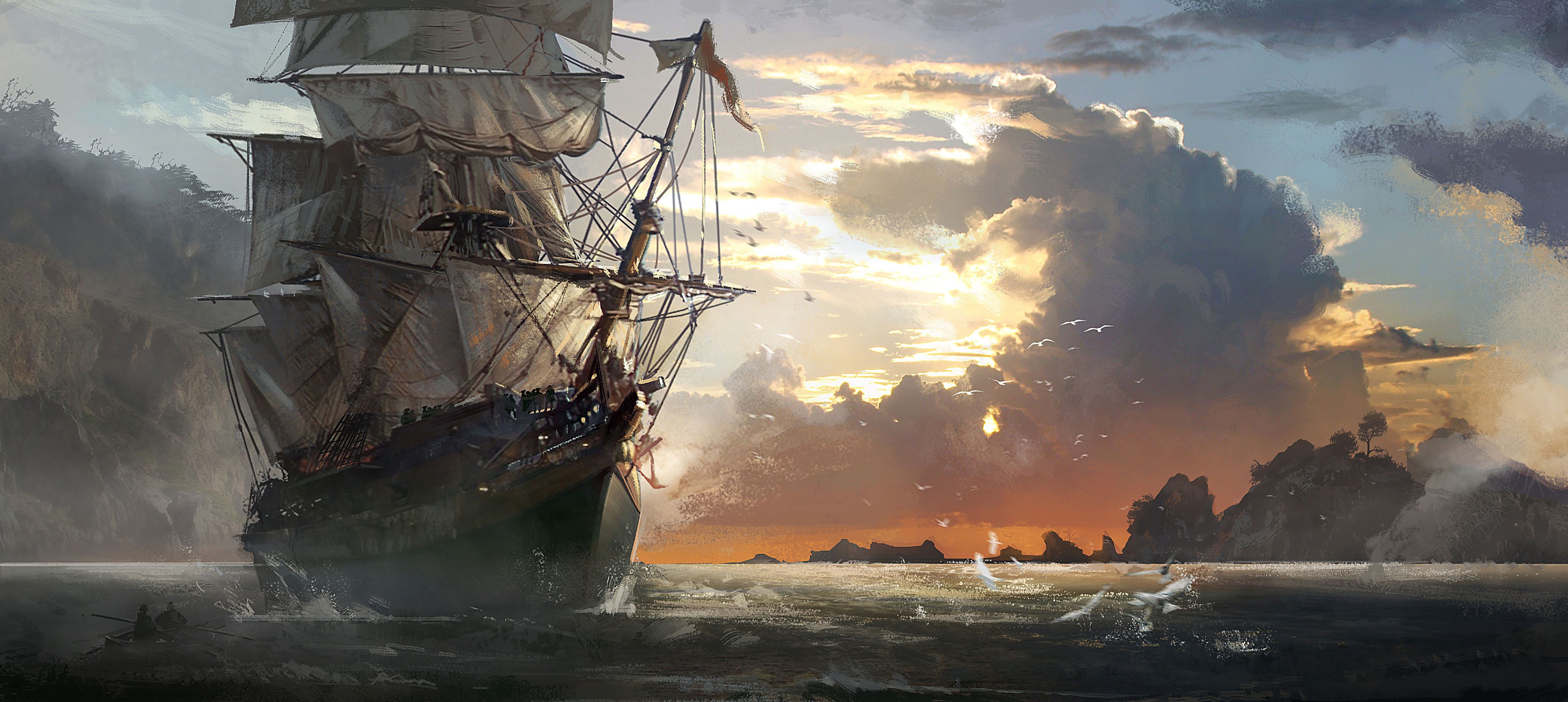 Nave pirata al tramonto, 4000x1790 Panoramico, Smart TV 4K