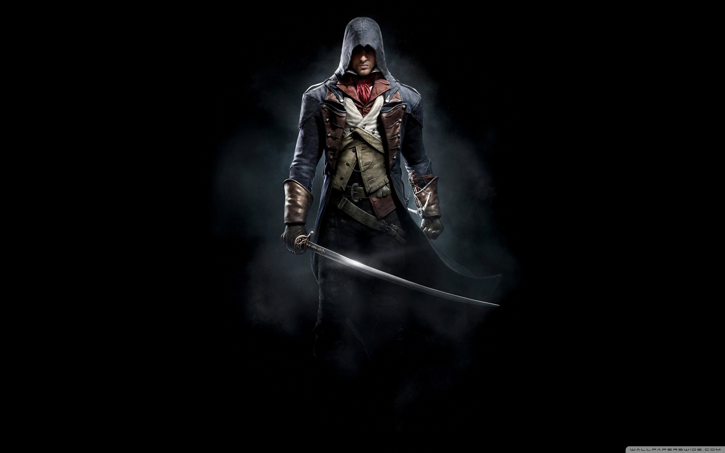 Assassino con spada, sfondo scuro, 2880x1800 2K, MacBook Pro