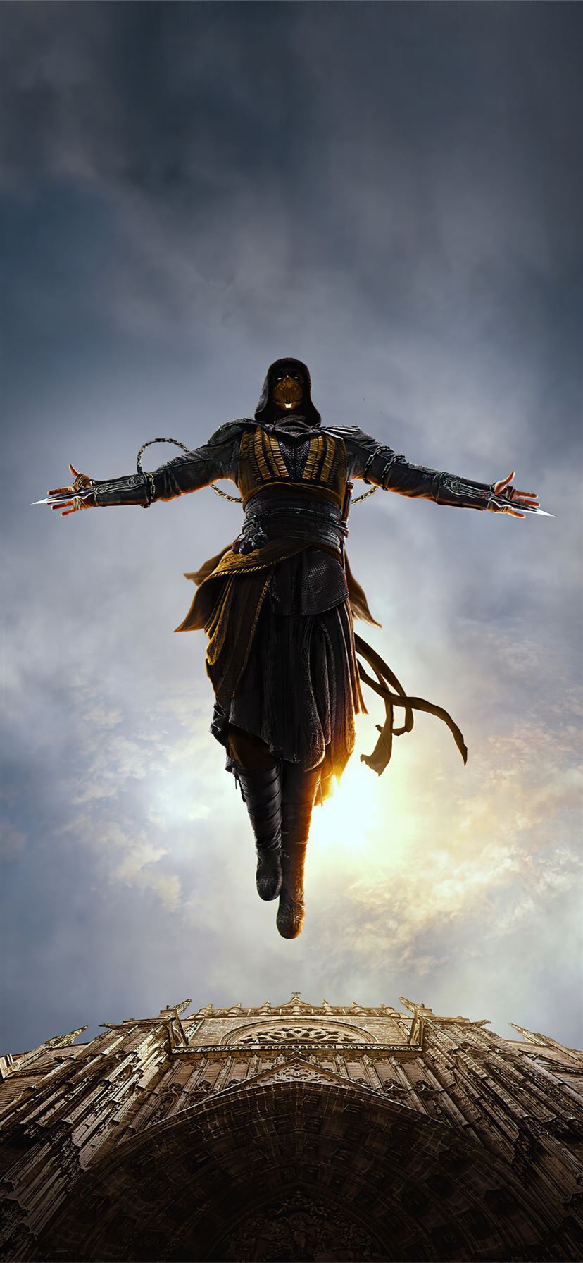 Assassino con mantello nero, salto, 828x1792 Verticale, Telefono
