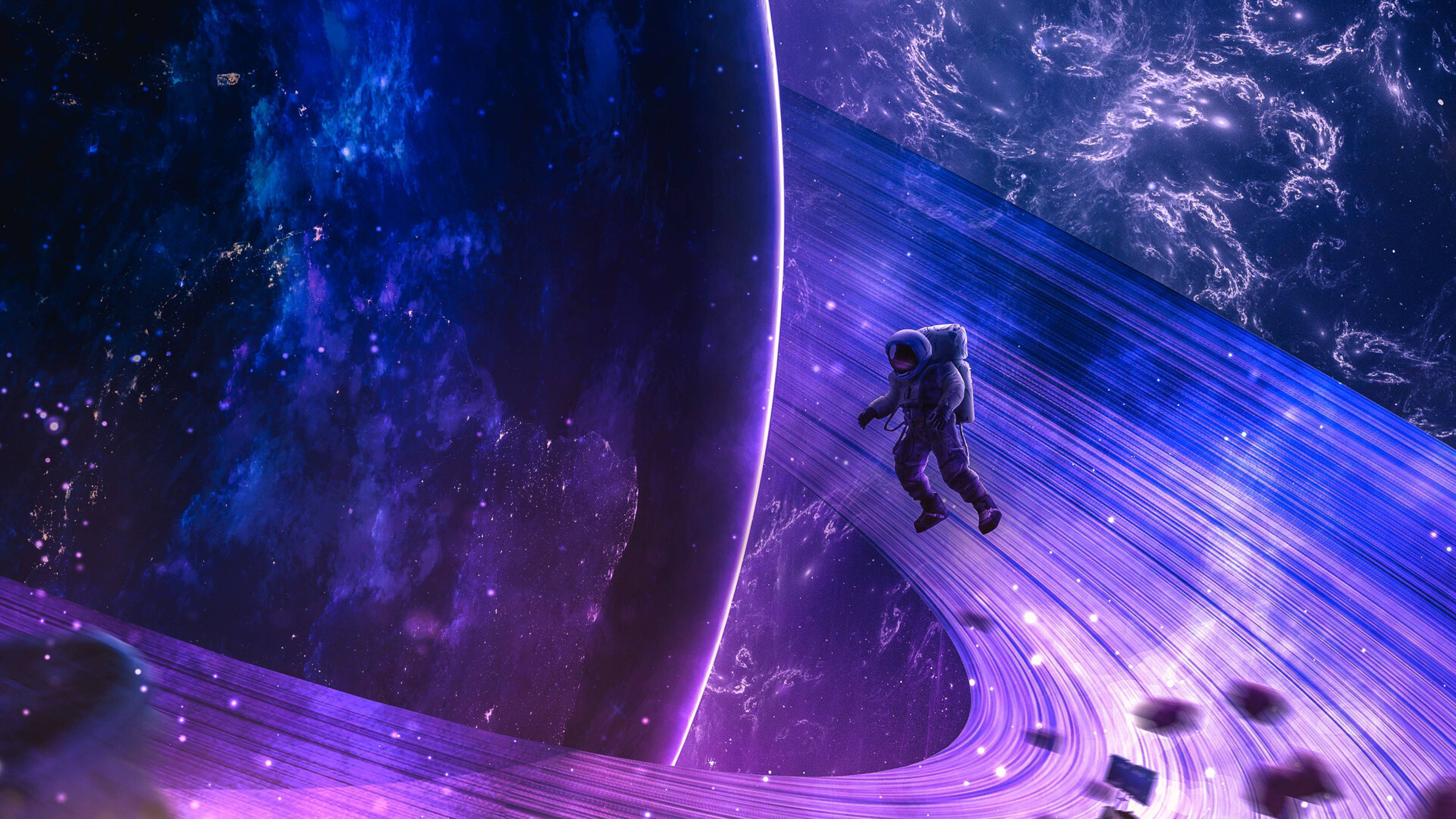 Astronauta vicino anelli planetari, 3840x2160 UHD, PC 4K