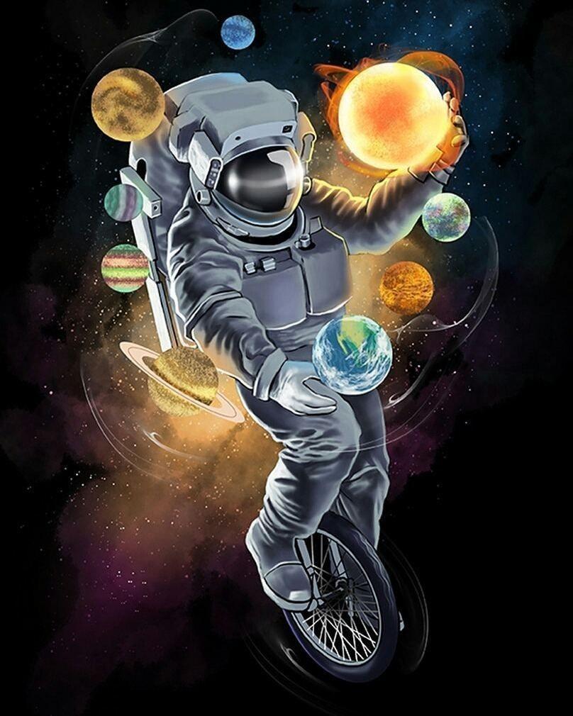 Astronauta su monociclo con pianeti, 808x1010 Verticale, POCO