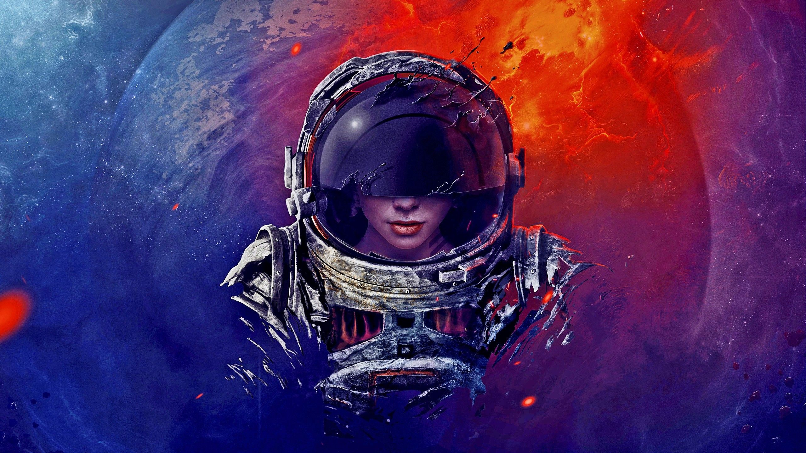Astronauta con casco e pianeti, 2560x1440 2K, Monitor Gaming