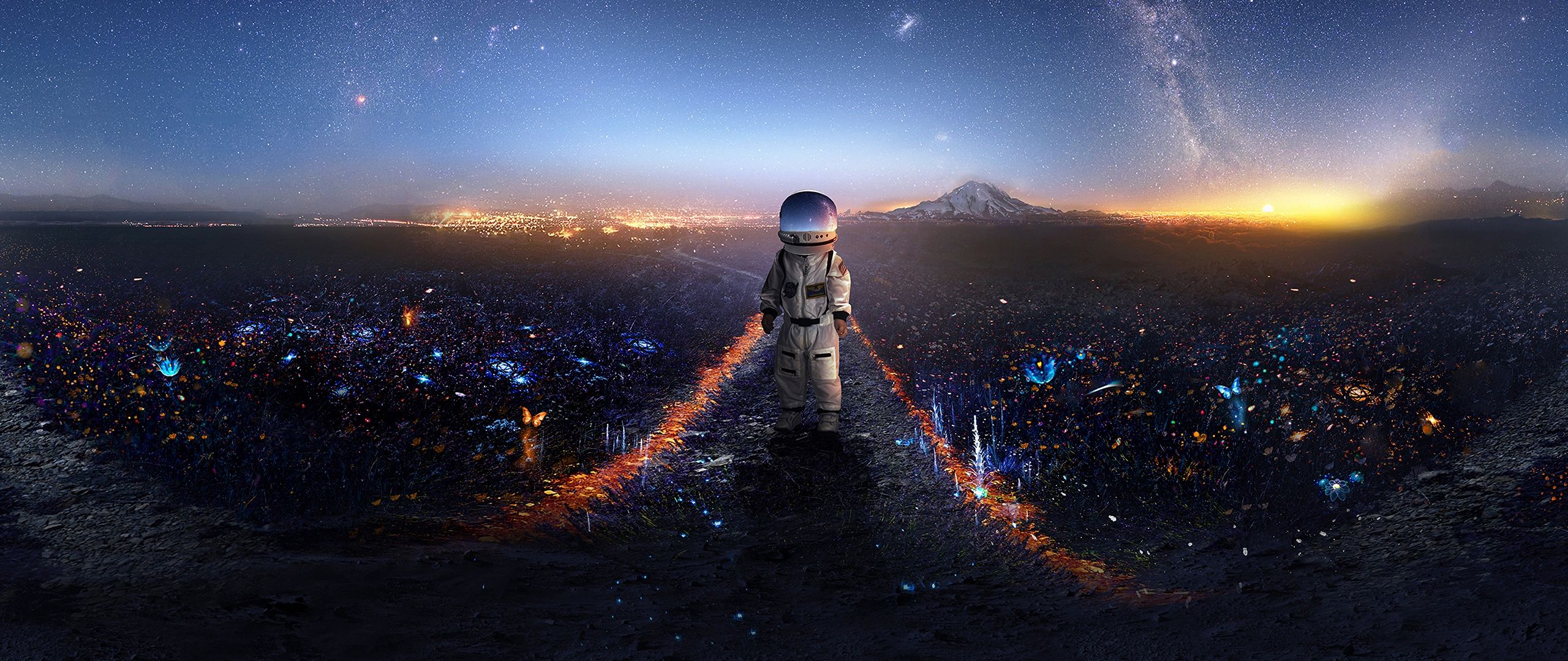 Astronauta sopra città notturna, 2560x1080 Panoramico, Dual Screen