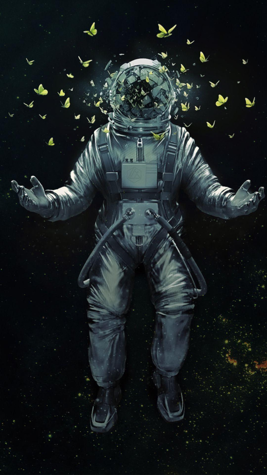 Astronauta con farfalle luminose, 1080x1920 Full HD Verticale, Smartphone
