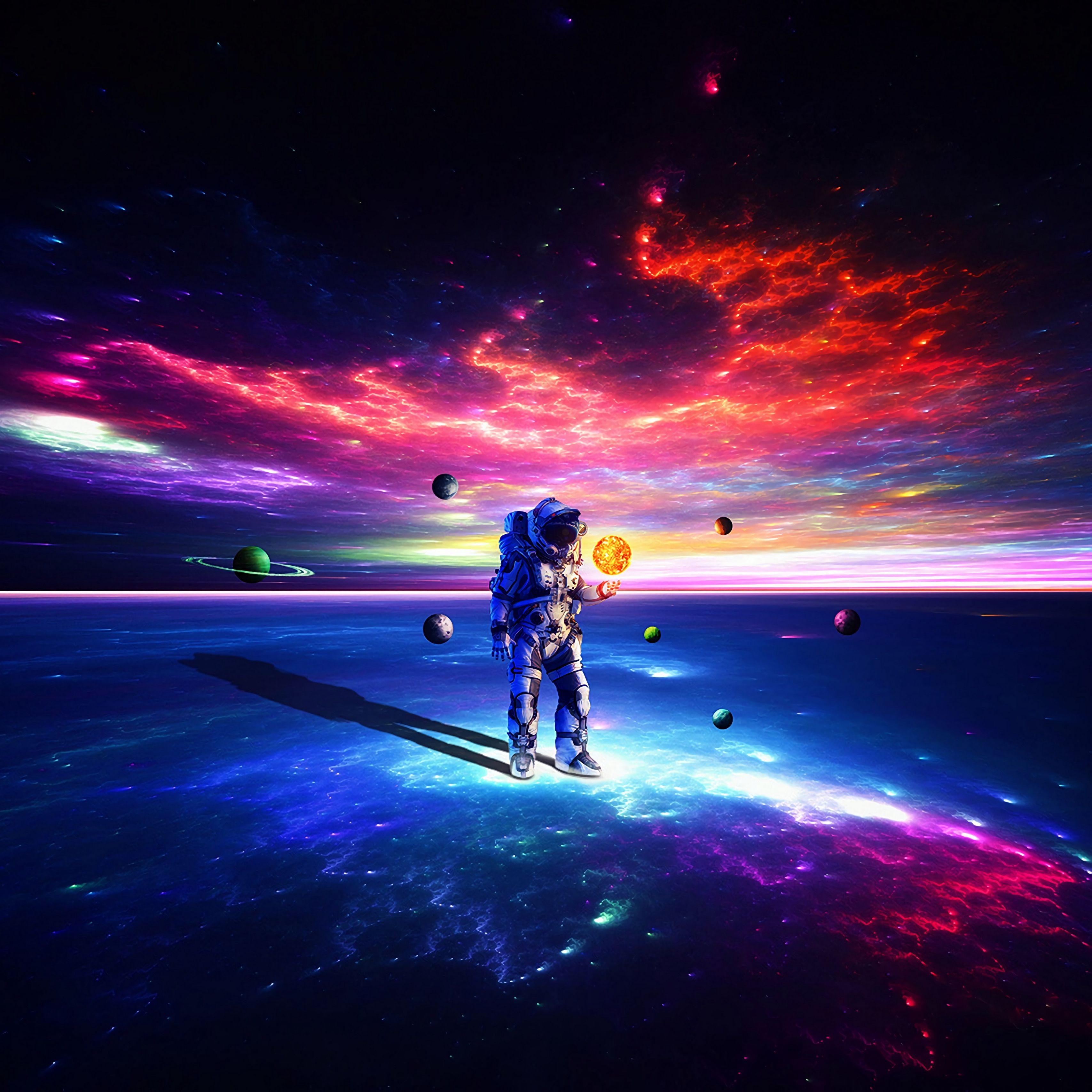Astronauta con pianeti e nebulosa, 3415x3415 WQXGA, PC