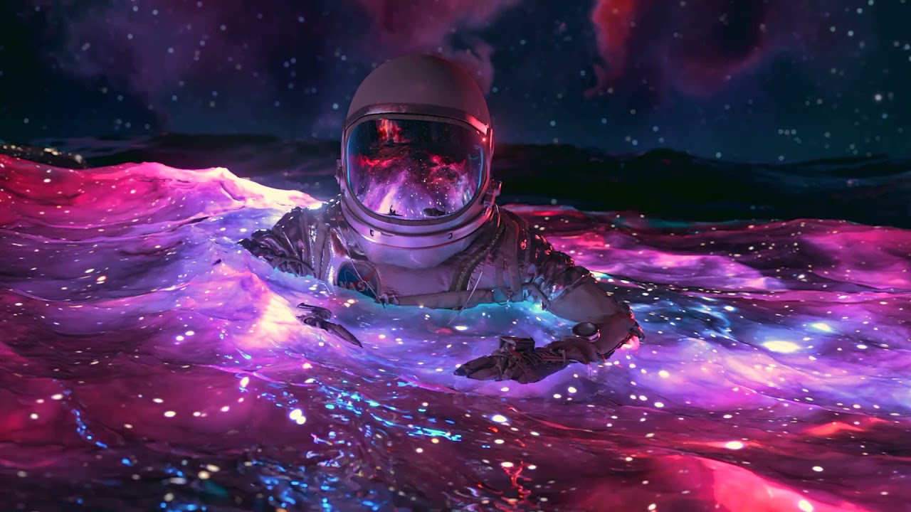 Astronauta in oceano cosmico viola, 1280x720 720p, iMac