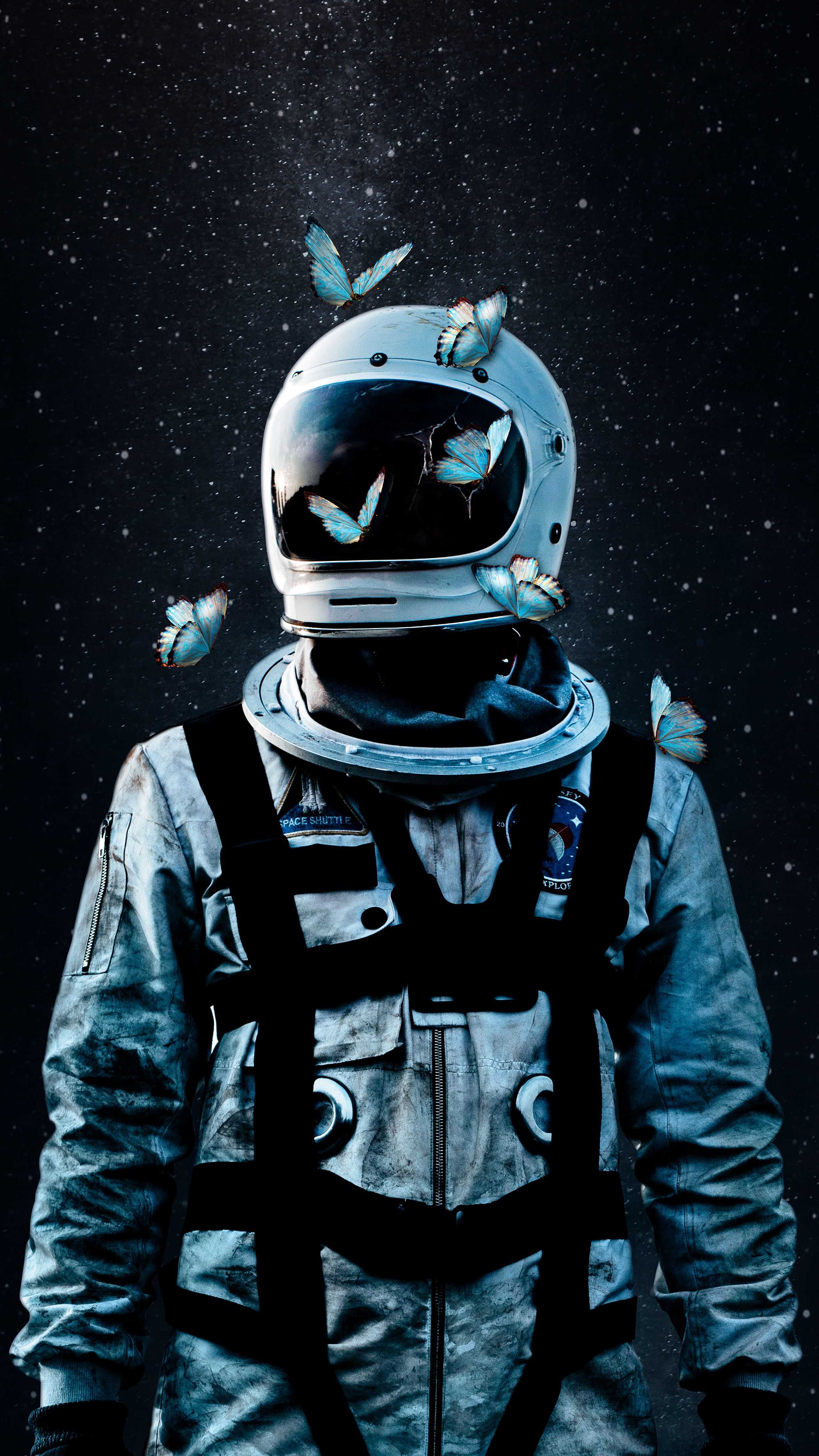 Astronauta con farfalle nello spazio, 2560x4550 Verticale, Telefono