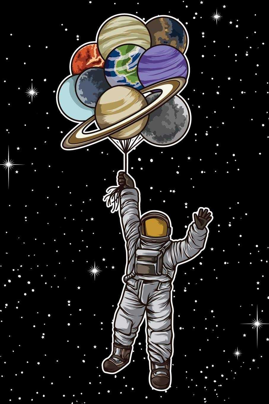 Astronauta con palloncini pianeti, 907x1360 Verticale, Telefono