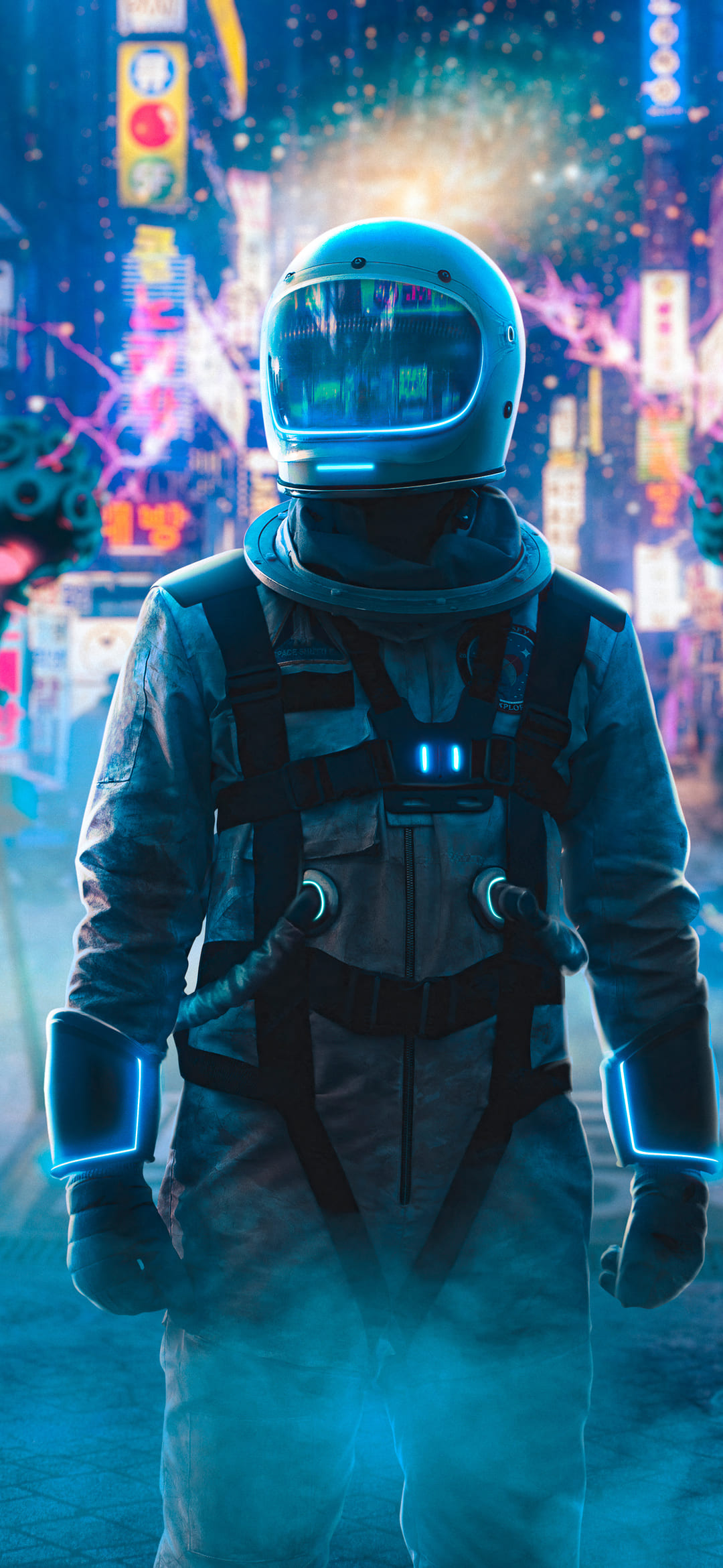 Astronauta neon città notturna, 1080x2340 Full HD Verticale, Smartphone