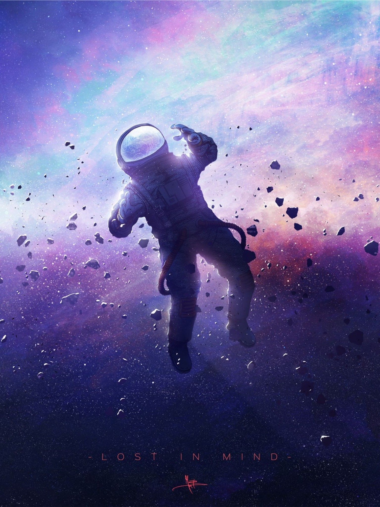 Astronauta fluttuante nello spazio viola, 1536x2048 Full HD Verticale, Smartphone