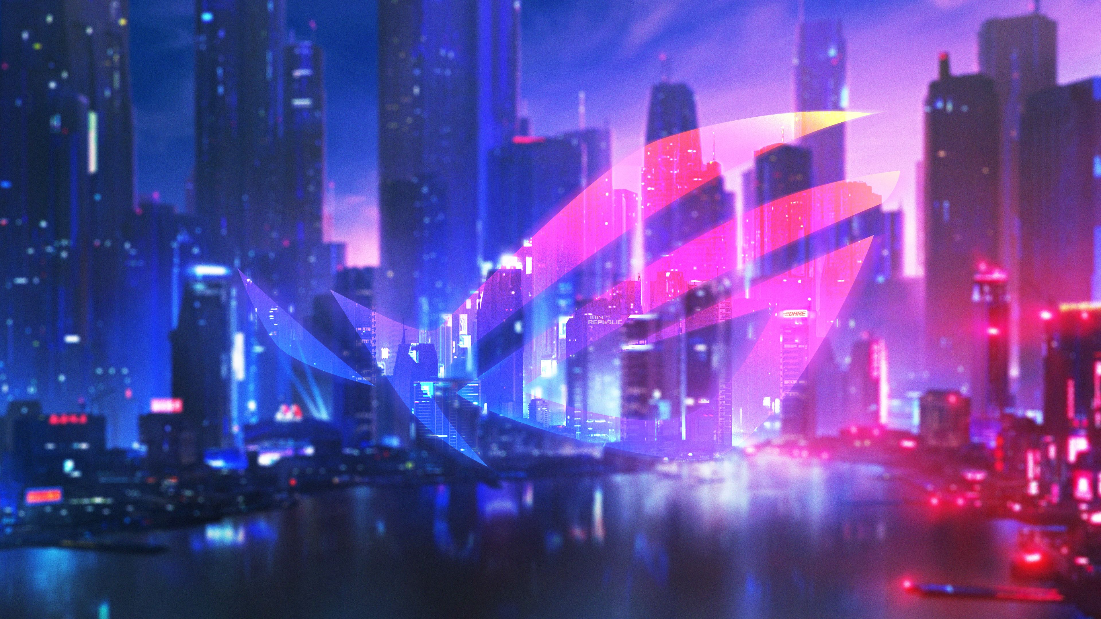 Logo ROG città notturna neon, 3840x2160 Ultra HD, PC