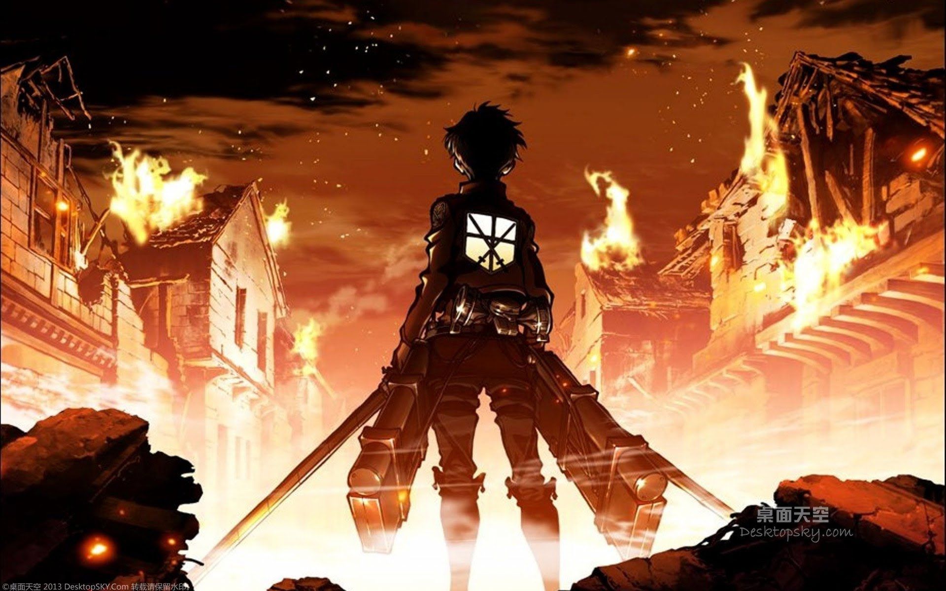 Eren Yeager silhouette città in fiamme, 1920x1200 Full HD+ WUXGA, PC