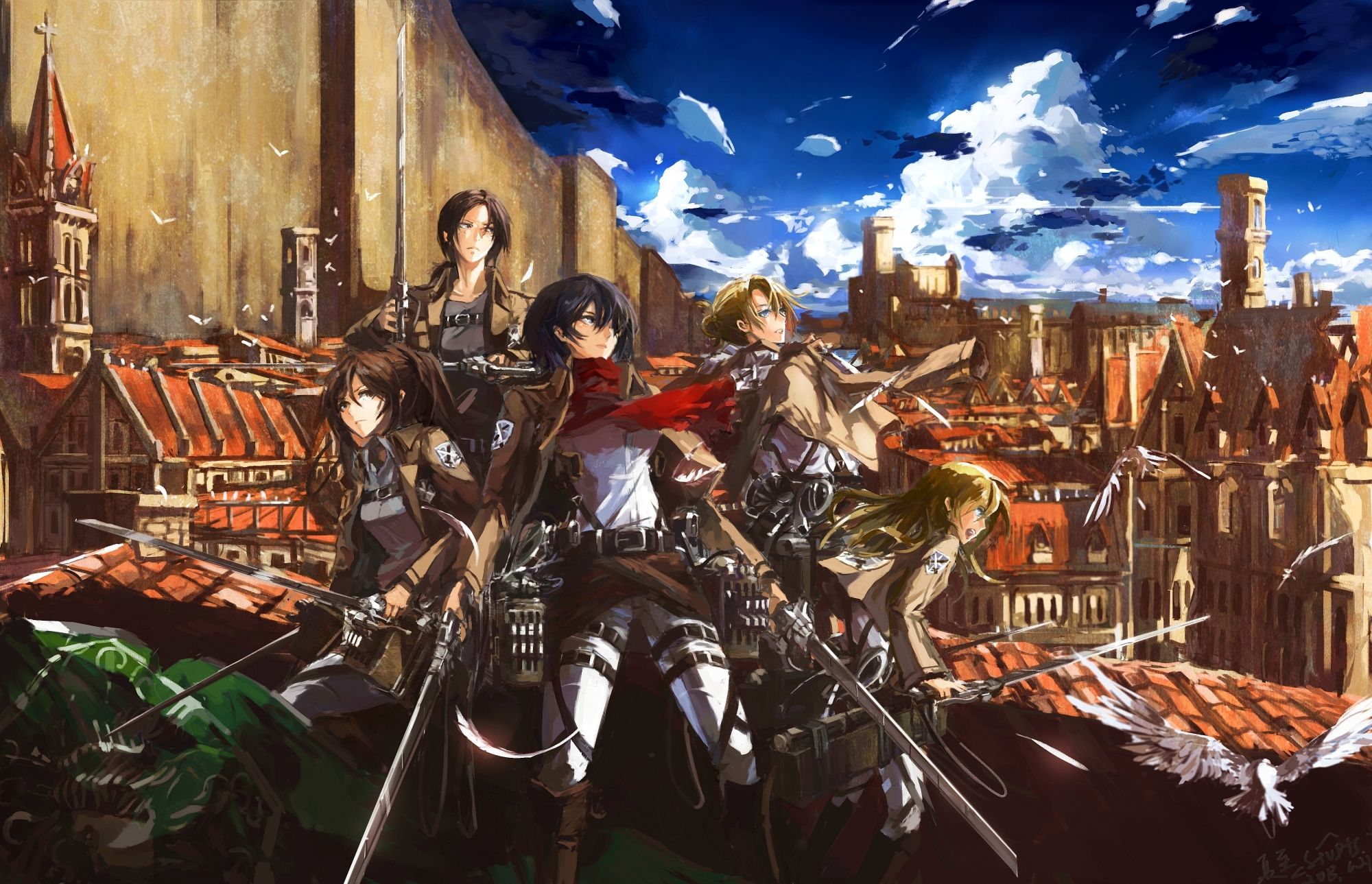 Personaggi Attack on Titan sui tetti, 2000x1289 Hi-Res, Monitor Gaming