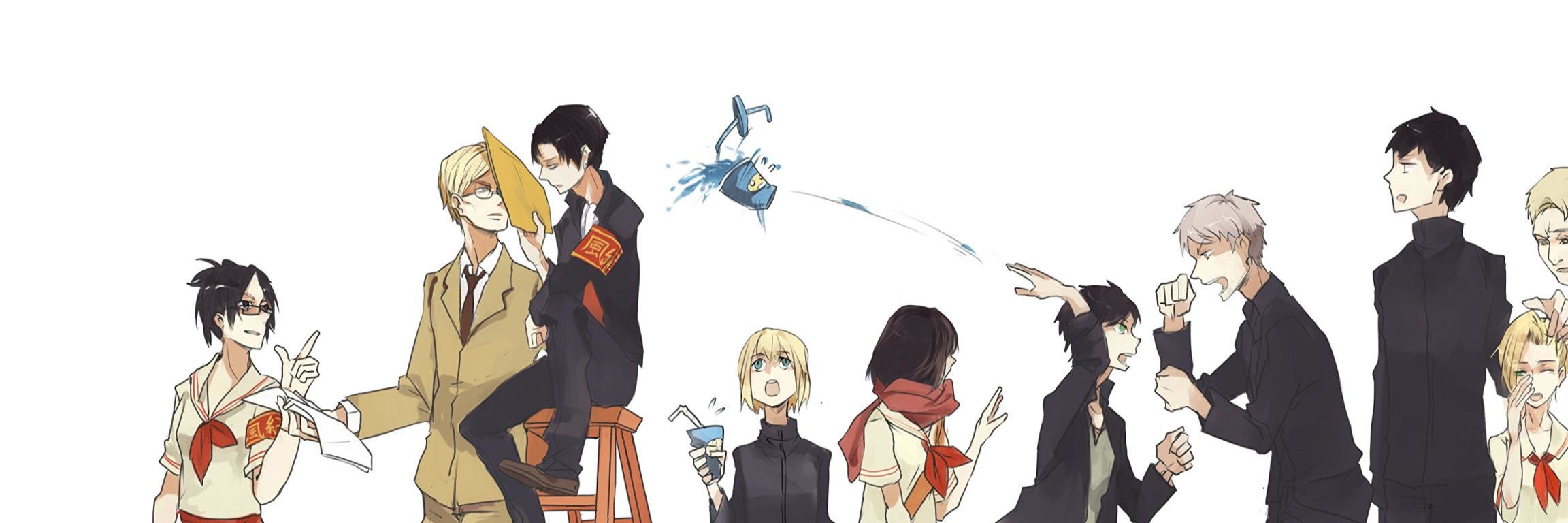 Personaggi Attack on Titan gruppo, 2304x768 Panoramico, Monitor Gaming