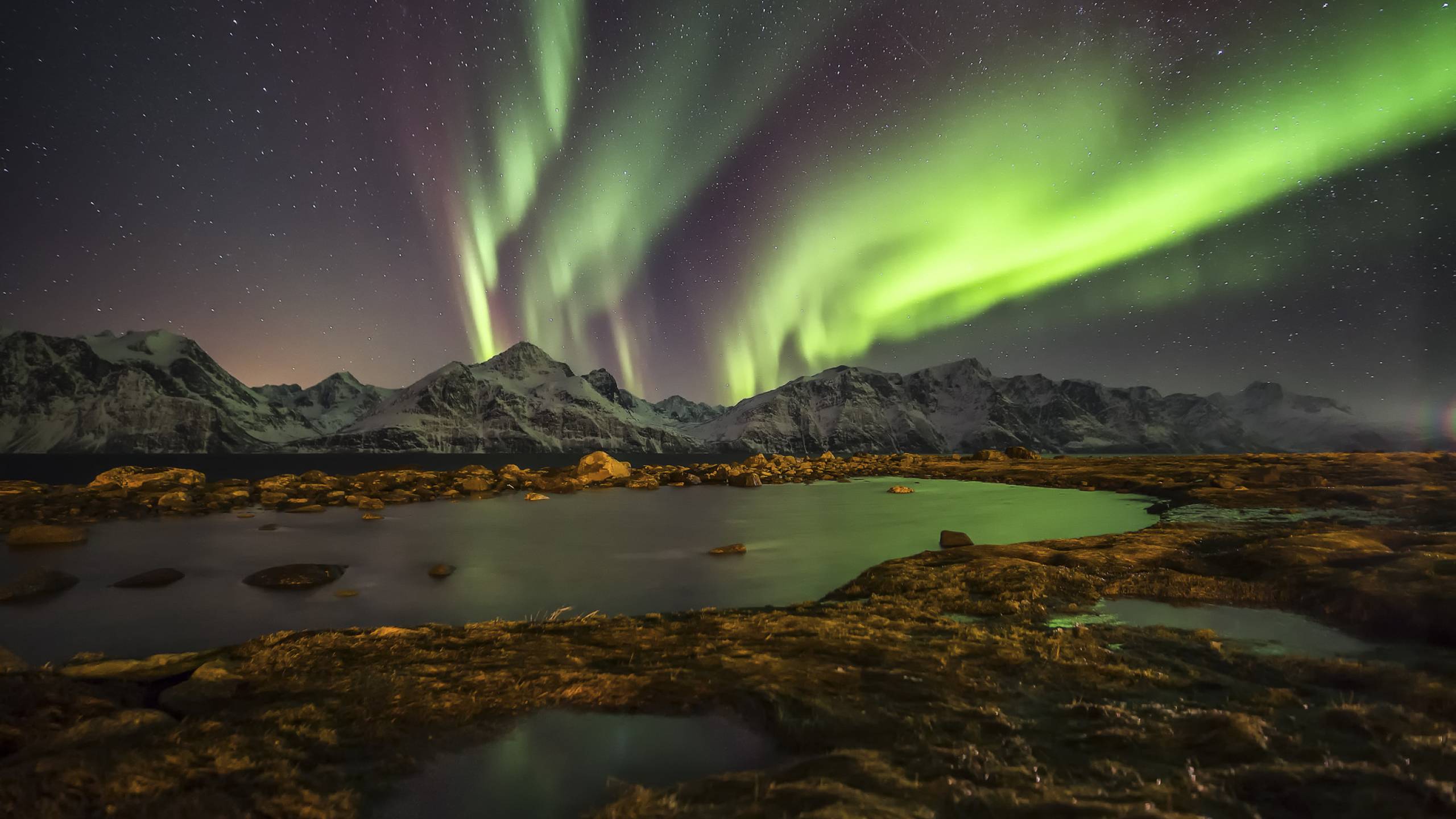 Aurora boreale montagne Norvegia, 2560x1440 2K QHD, PC