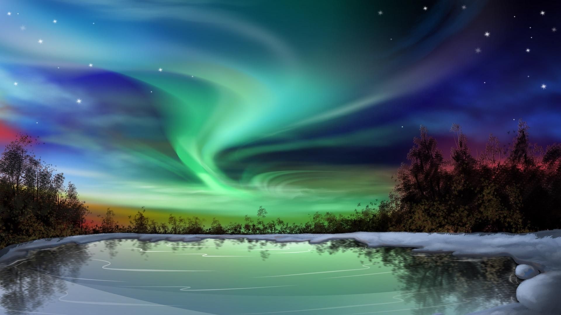 Aurora boreale su lago innevato, 1920x1080 Full HD 1080p, PC Desktop