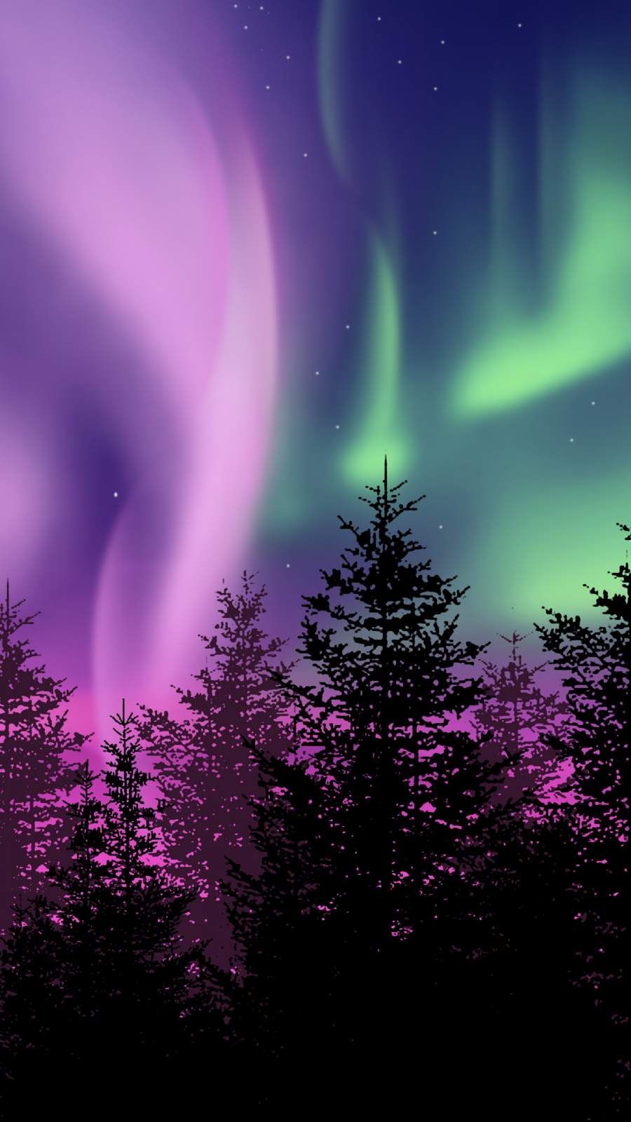 Aurora boreale viola verde alberi, 900x1600 Full HD Verticale, Smartphone