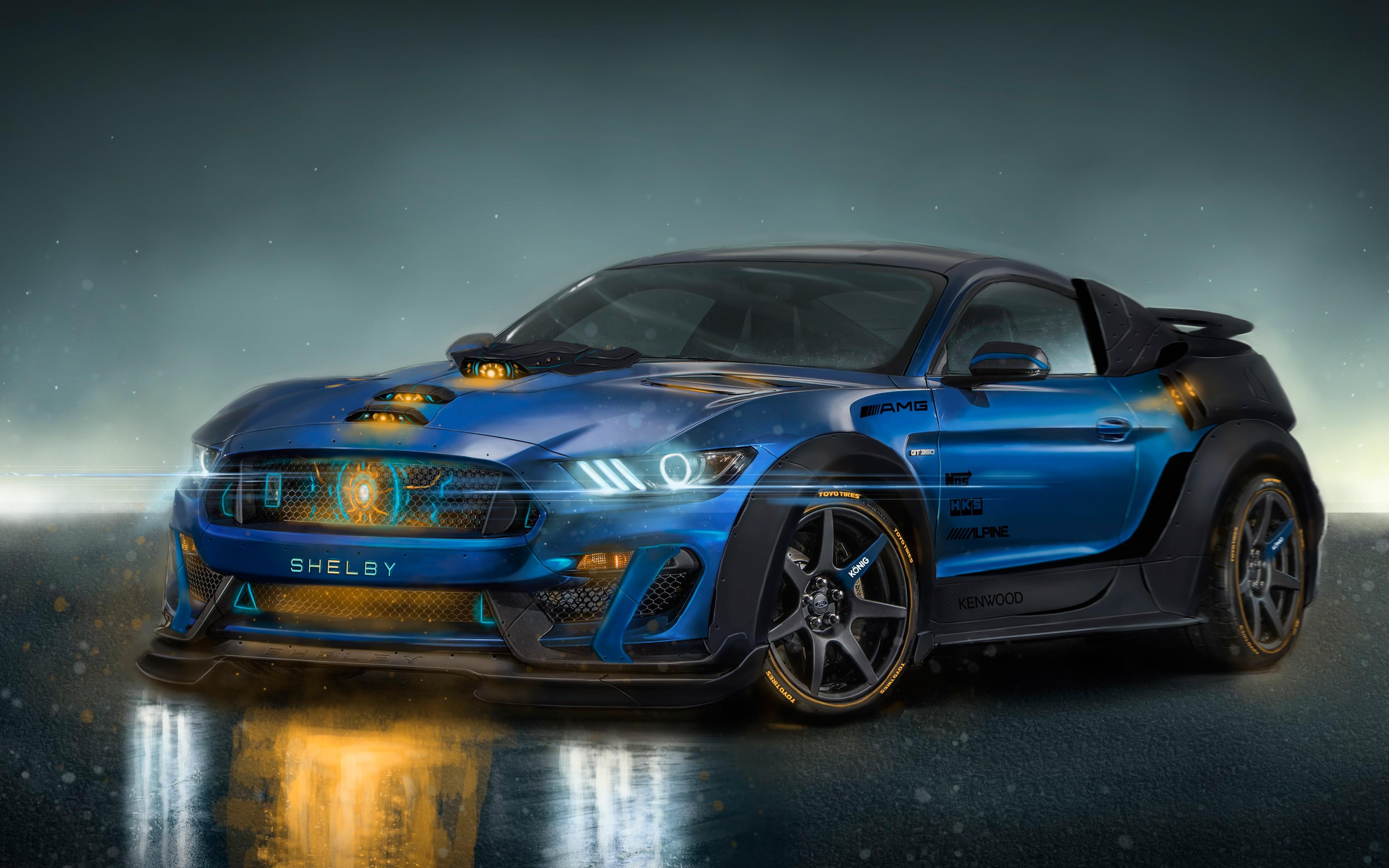 Ford Mustang Shelby blu render, muscle car, 3840x2400 UHD, PC 4K