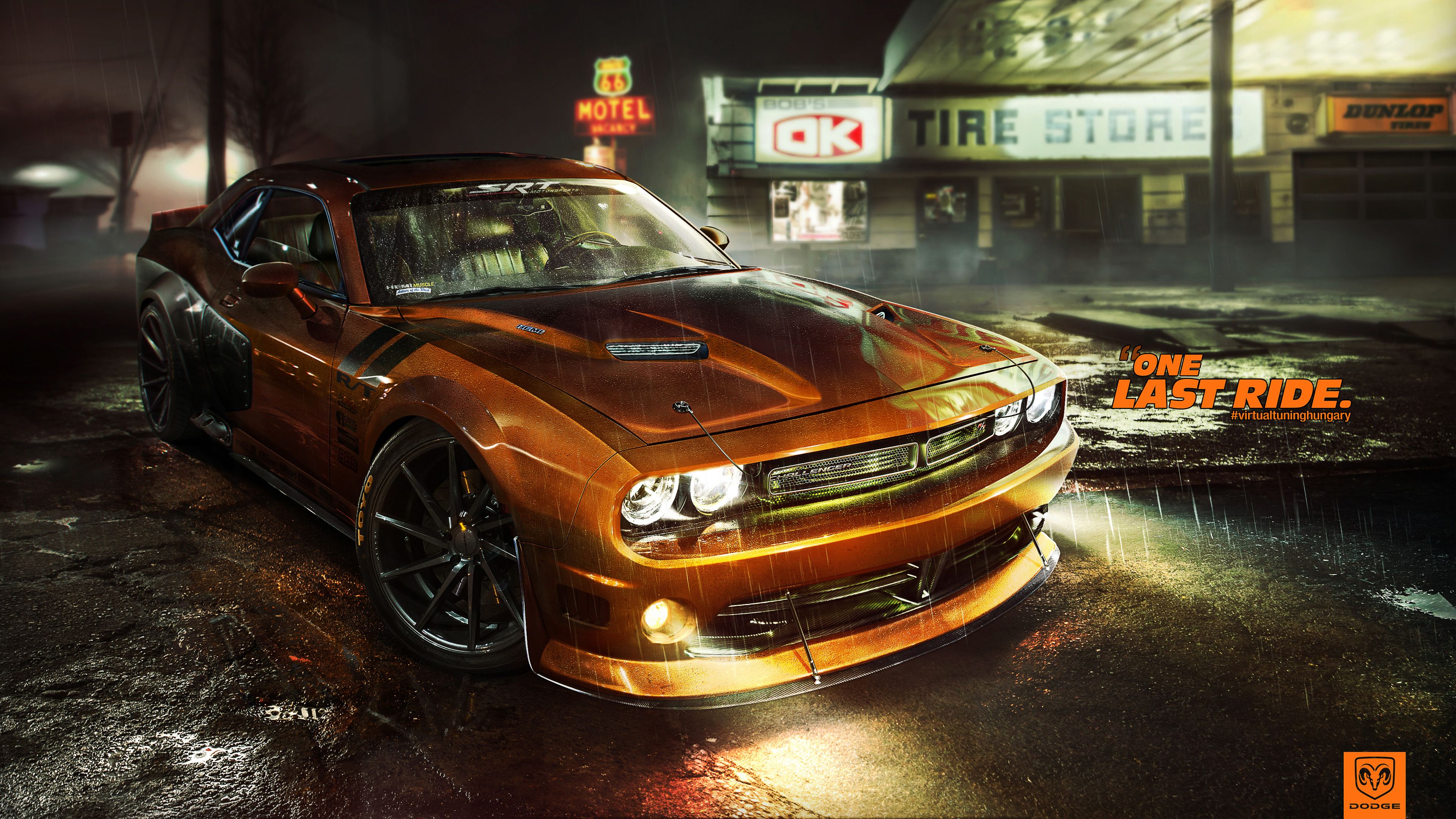 Dodge Challenger arancione pioggia, muscle car, 3840x2160 4K, Desktop 4K