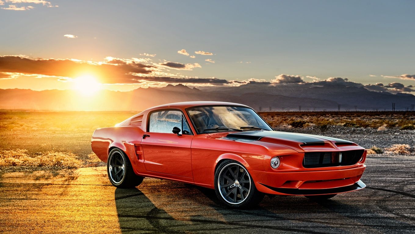Ford Mustang classica rossa tramonto, V8, 1360x768 720p, PC