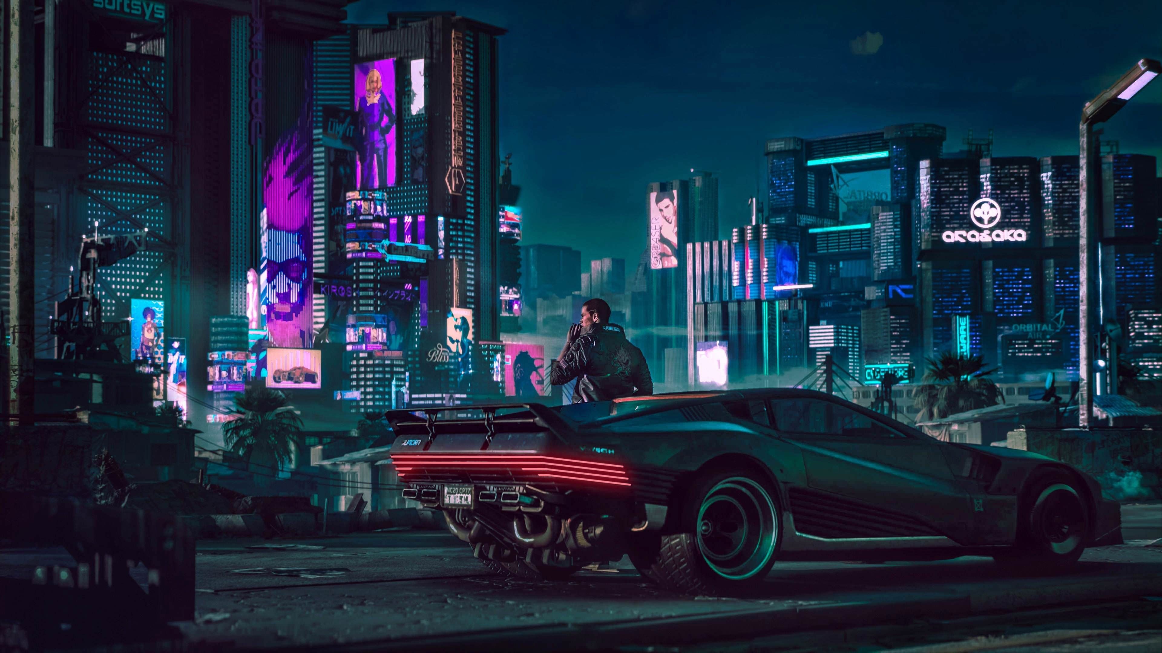 Auto cyberpunk citta al neon, 3840x2160 4K Ultra HD, Monitor 4K