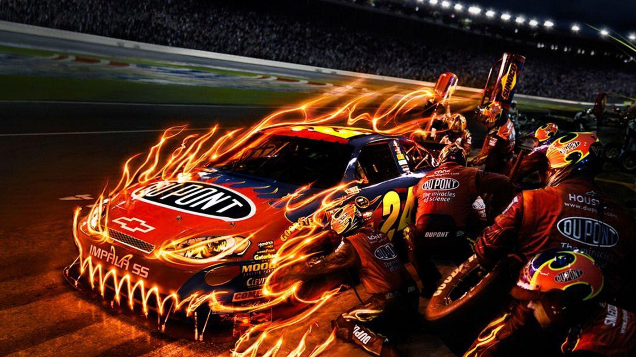 Auto NASCAR fiamme rosse, 2048x1152 2K, Desktop