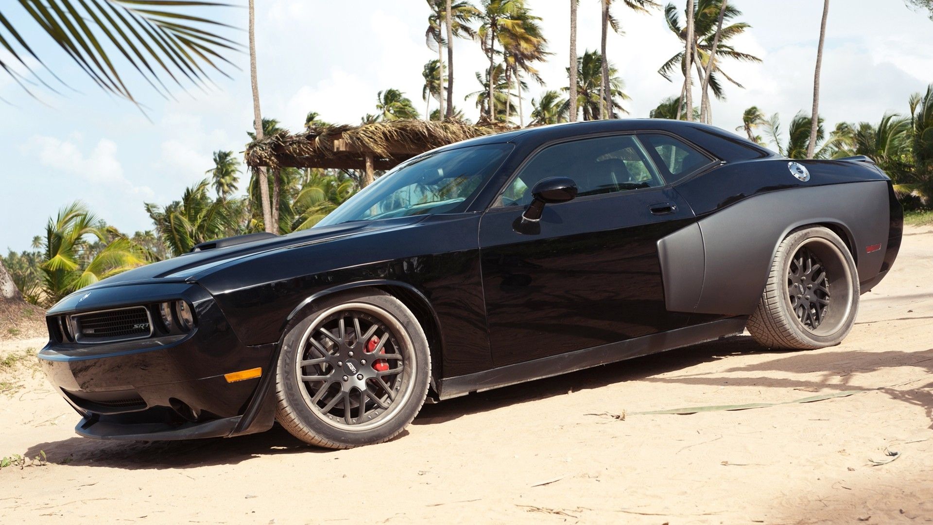 Dodge Challenger nero, palme, 1920x1080 1080p, PC